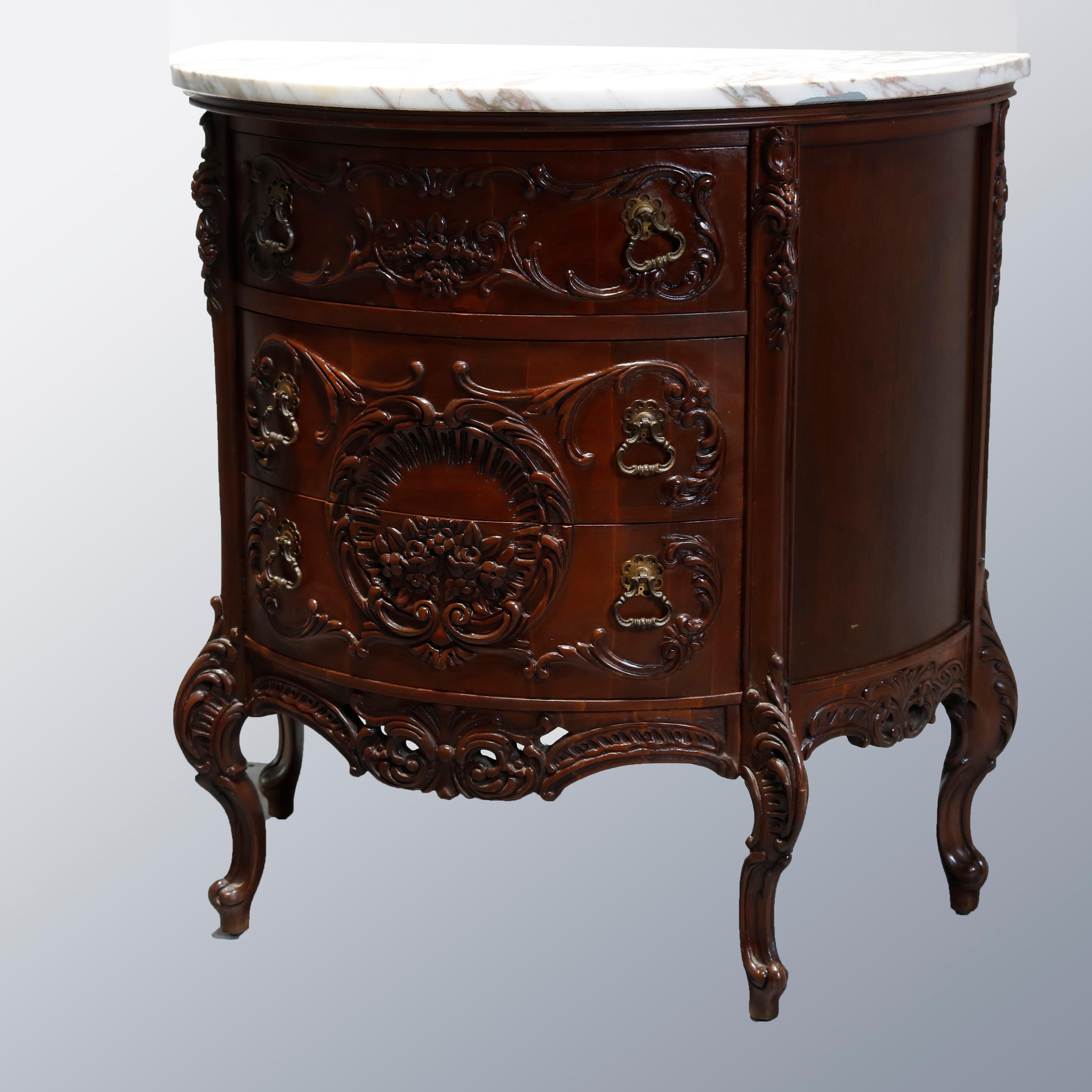 Antique French Carved Mahogany Marble Top Demilune Commode, 20th Century 3
