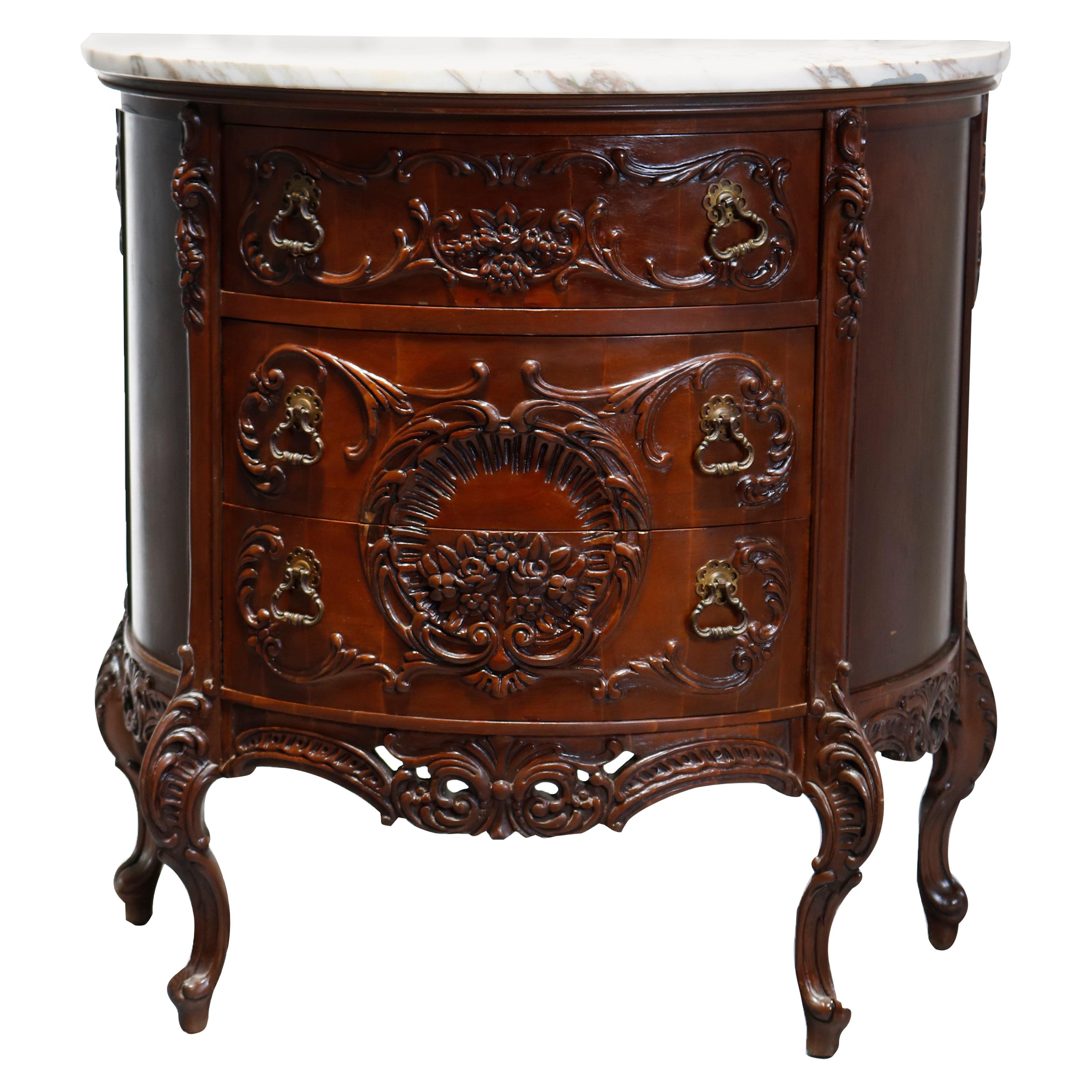 Antique French Carved Mahogany Marble Top Demilune Commode, 20th Century