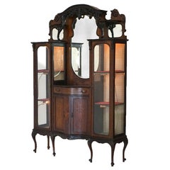 Antique French Carved Mahogany & Marquetry Inlay Double China Cabinet, c1890