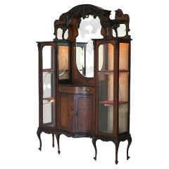 Antique French Carved Mahogany & Marquetry Inlay Double China Cabinet, c1890