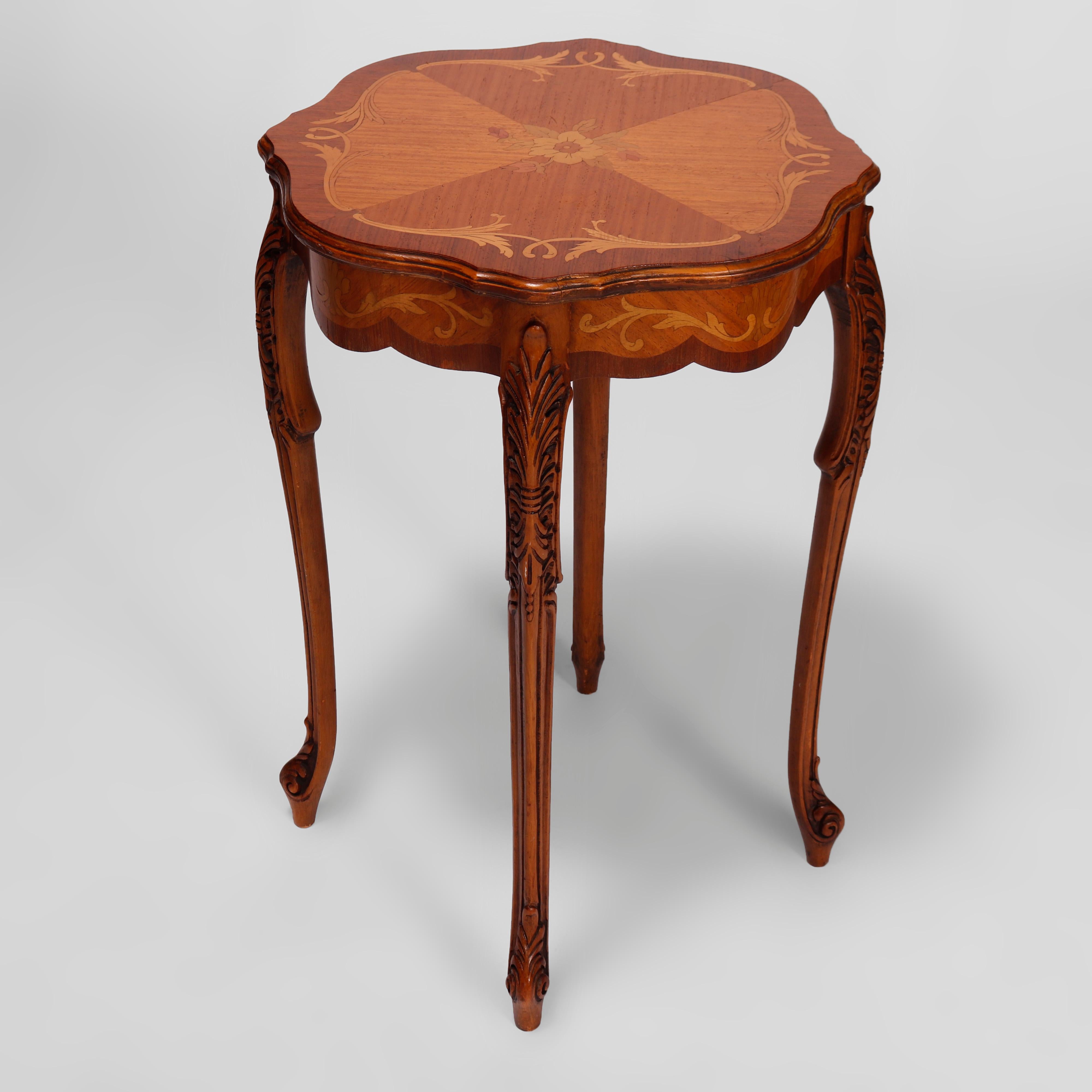 Antique French Carved Mahogany Satinwood Inlaid Marquetry Side Tables c1930 In Good Condition In Big Flats, NY