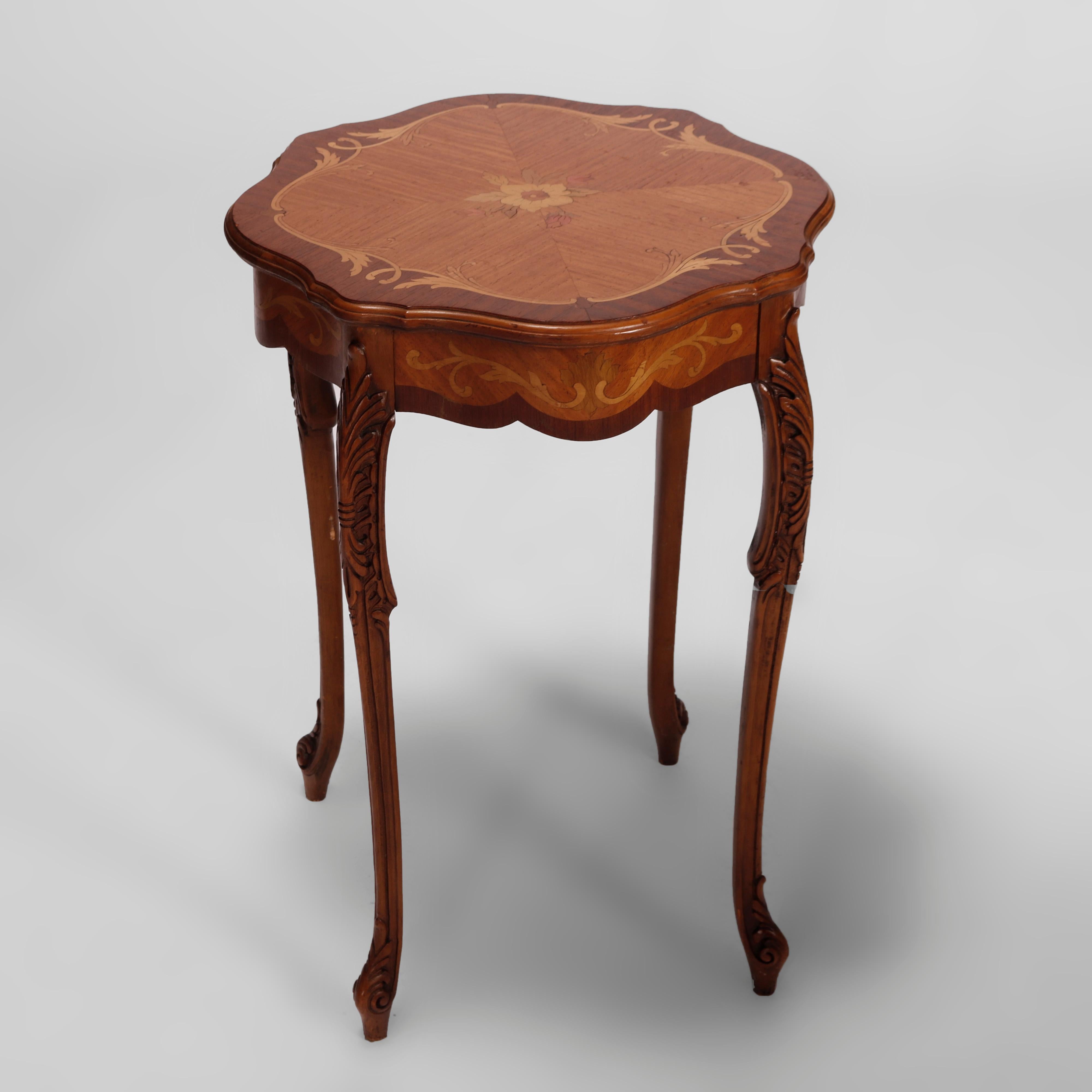 20th Century Antique French Carved Mahogany Satinwood Inlaid Marquetry Side Tables c1930