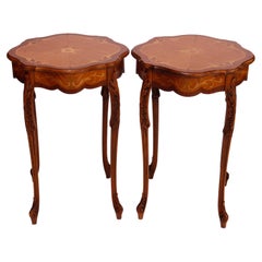 Antique French Carved Mahogany Satinwood Inlaid Marquetry Side Tables c1930