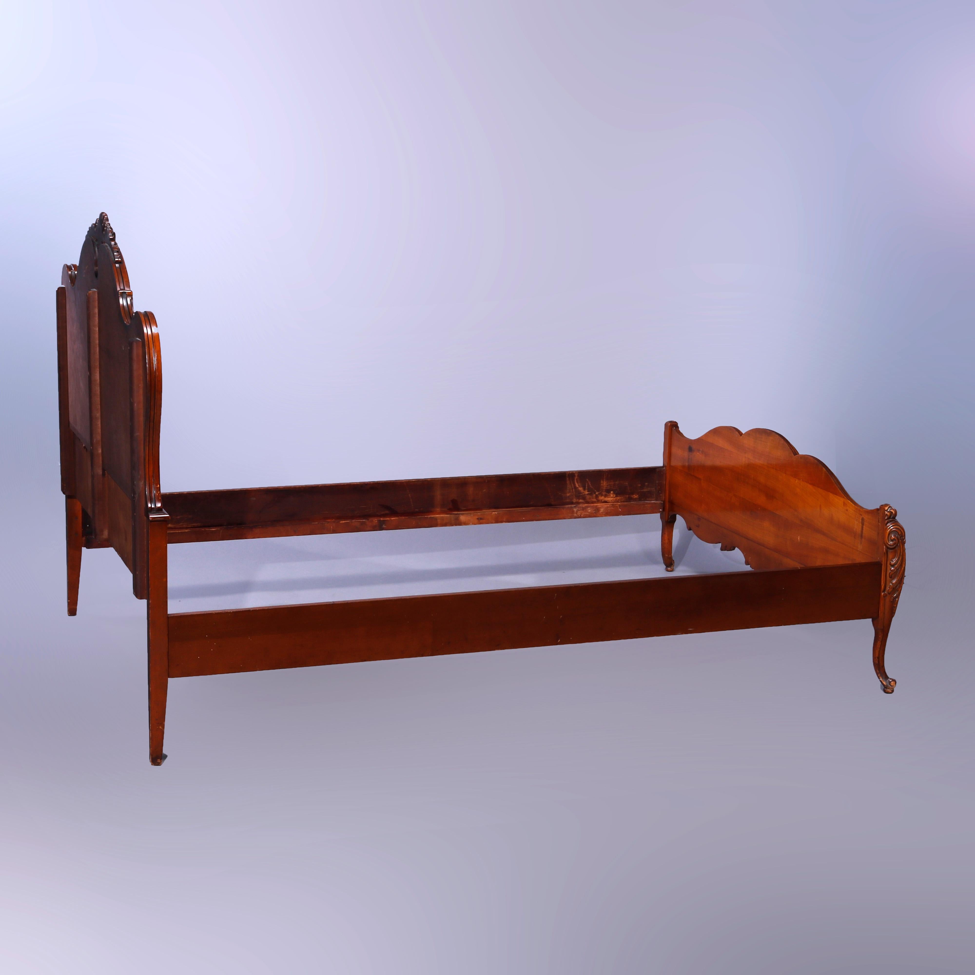 20th Century Antique French Carved Mahogany, Satinwood & Marquetry Inlay Double Bed c1910