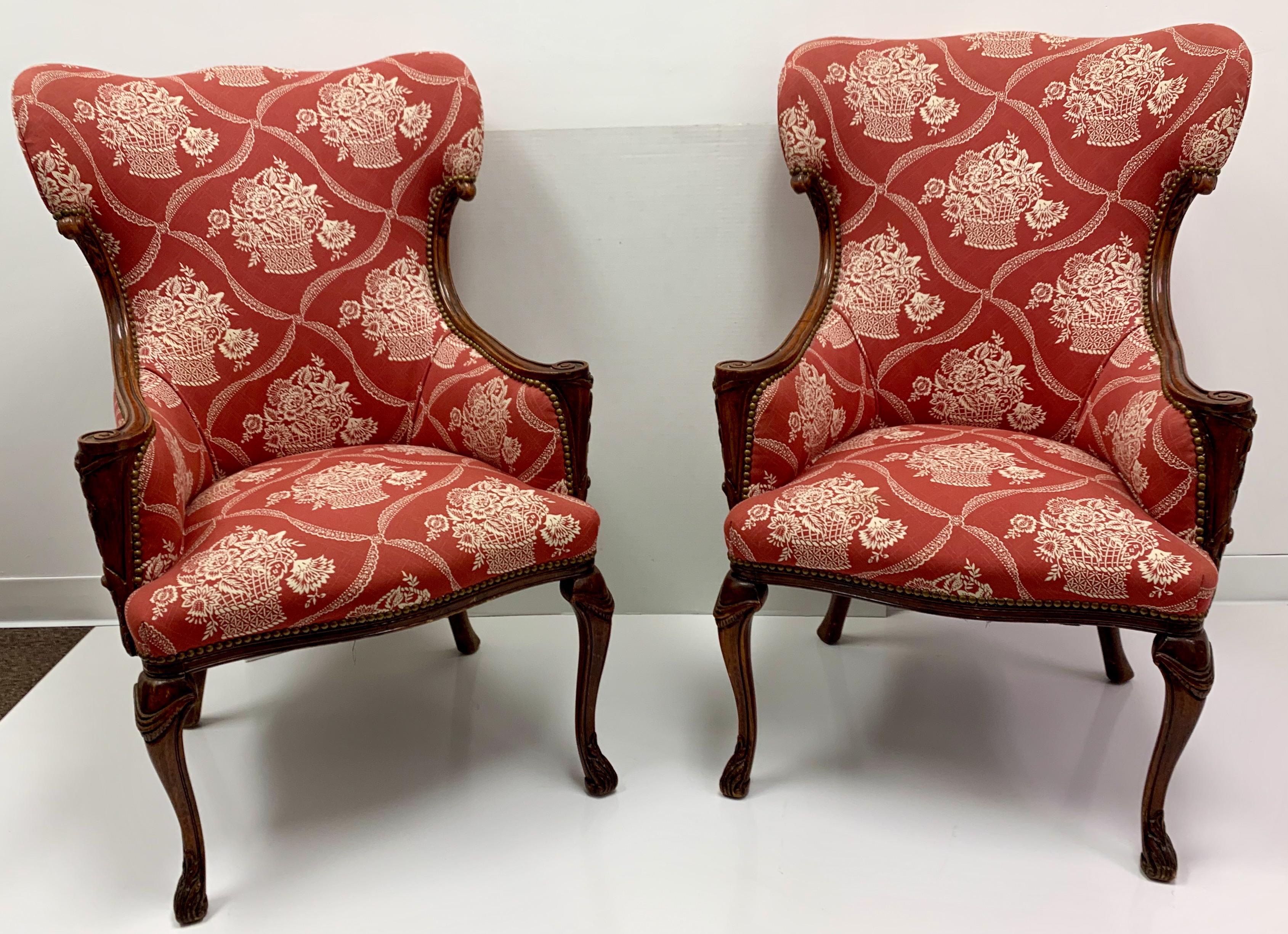 Antique French Carved Mahogany Wing Chairs in Schumacher Fabric, Pair In Good Condition For Sale In Kennesaw, GA