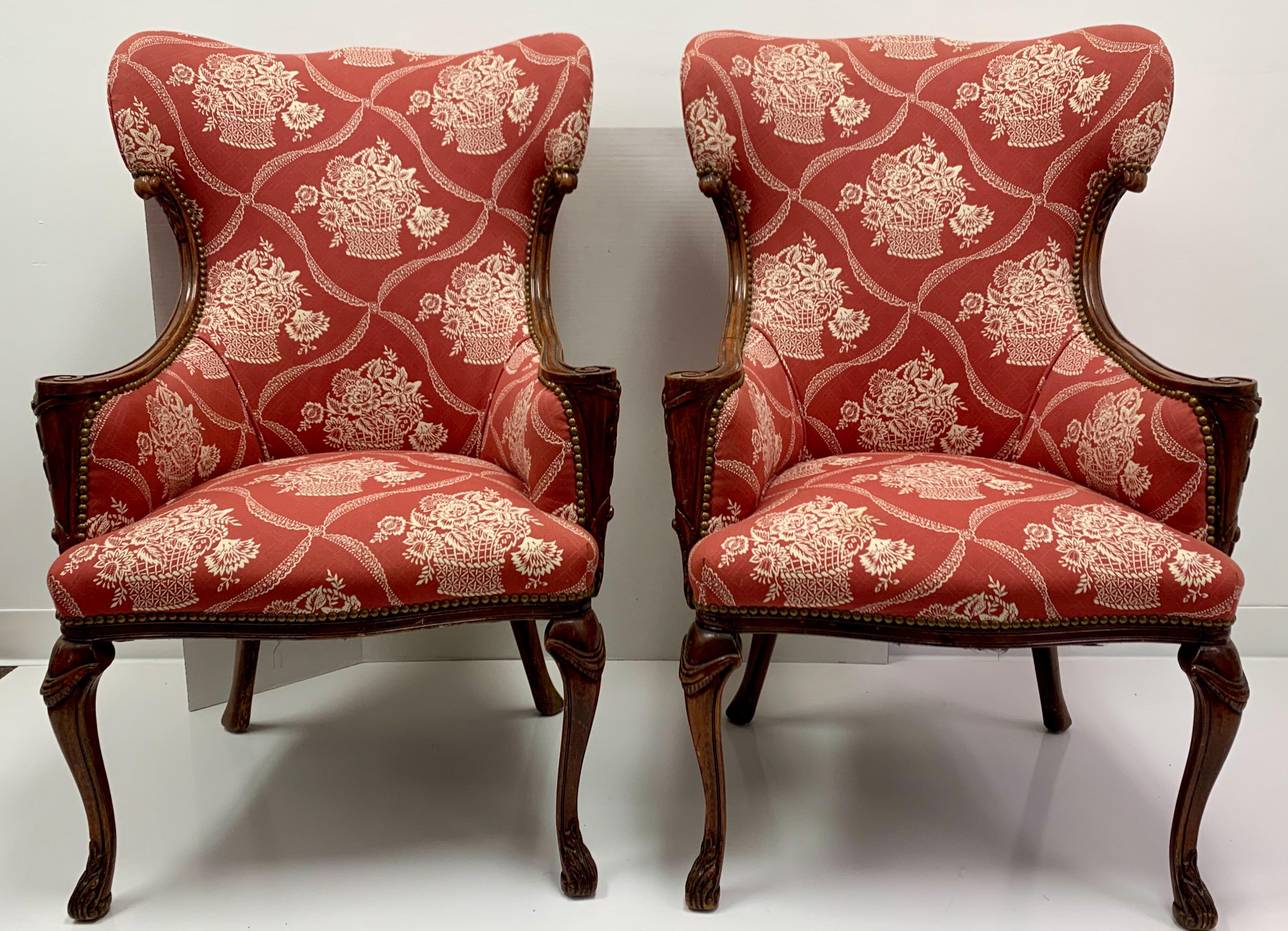 20th Century Antique French Carved Mahogany Wing Chairs in Schumacher Fabric, Pair For Sale