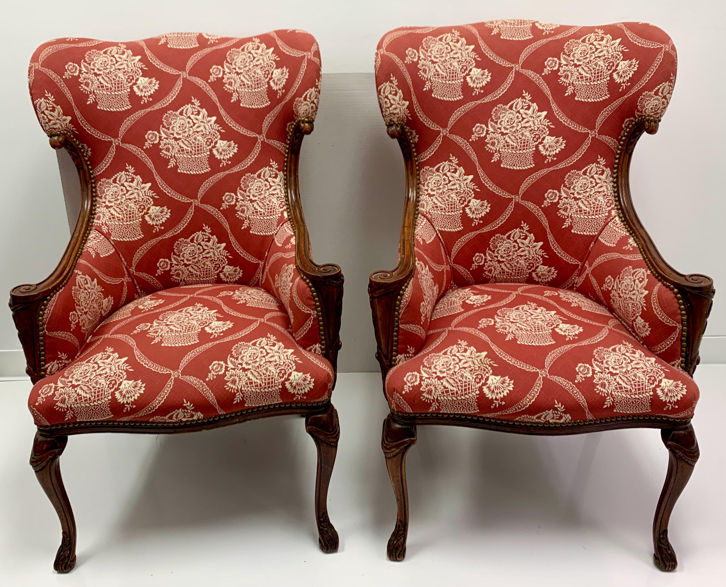 Brass Antique French Carved Mahogany Wing Chairs in Schumacher Fabric, Pair For Sale