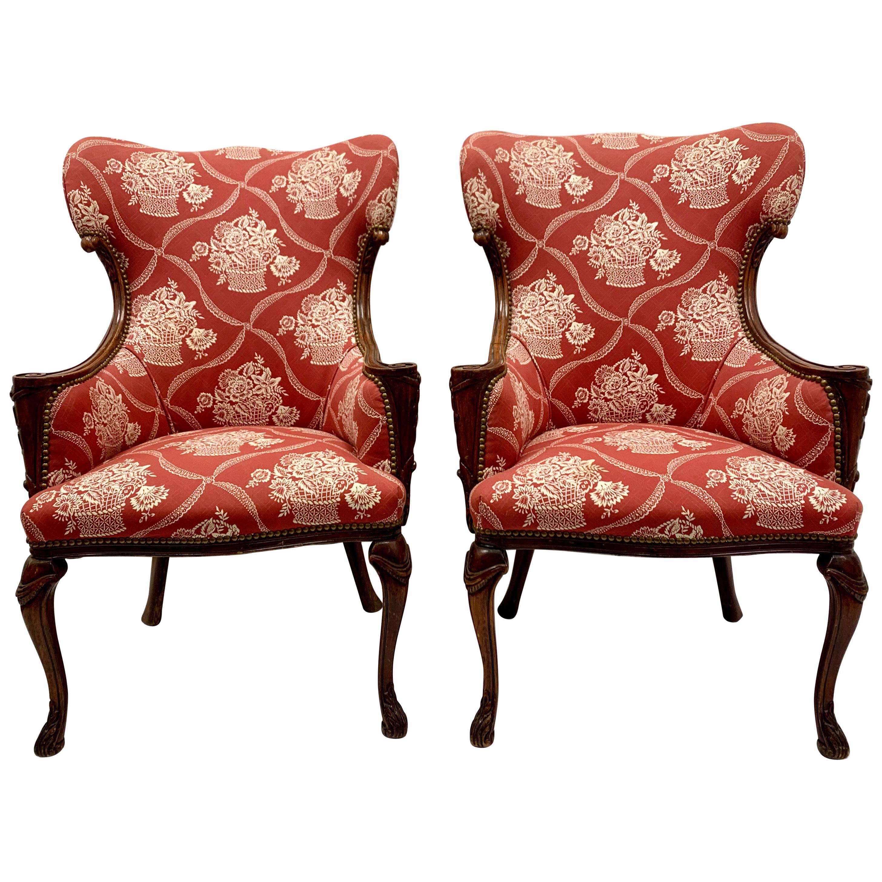 Antique French Carved Mahogany Wing Chairs in Schumacher Fabric, Pair For Sale