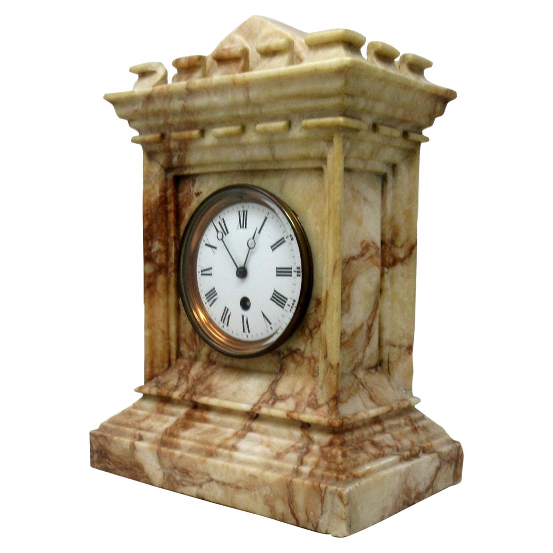 Antique French Carved Marble Architectural Castle Form Mantle Clock Timepiece 