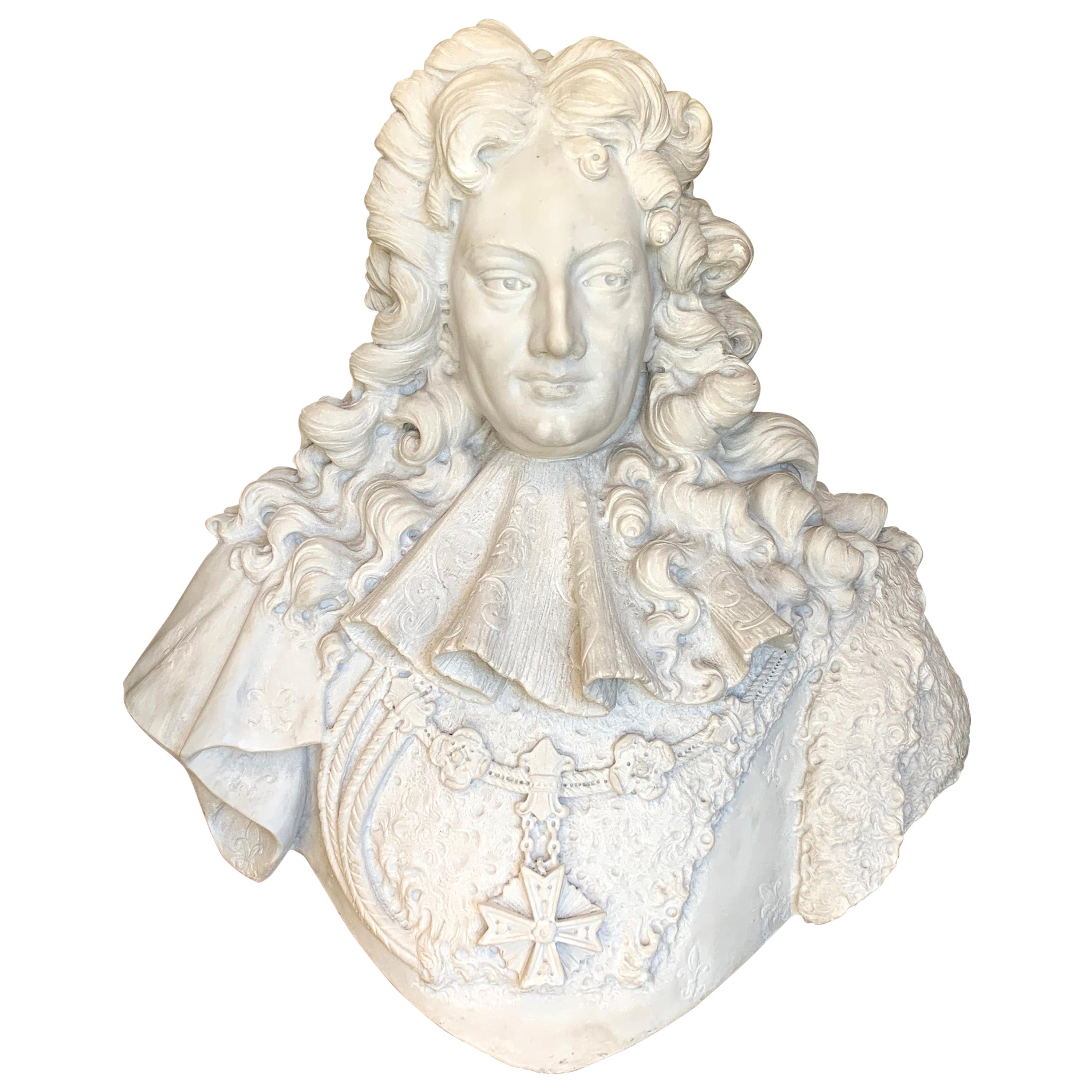 Buste ancien en marbre blanc sculpté de Louis XIV "Le Roi Soleil" Circa 1890