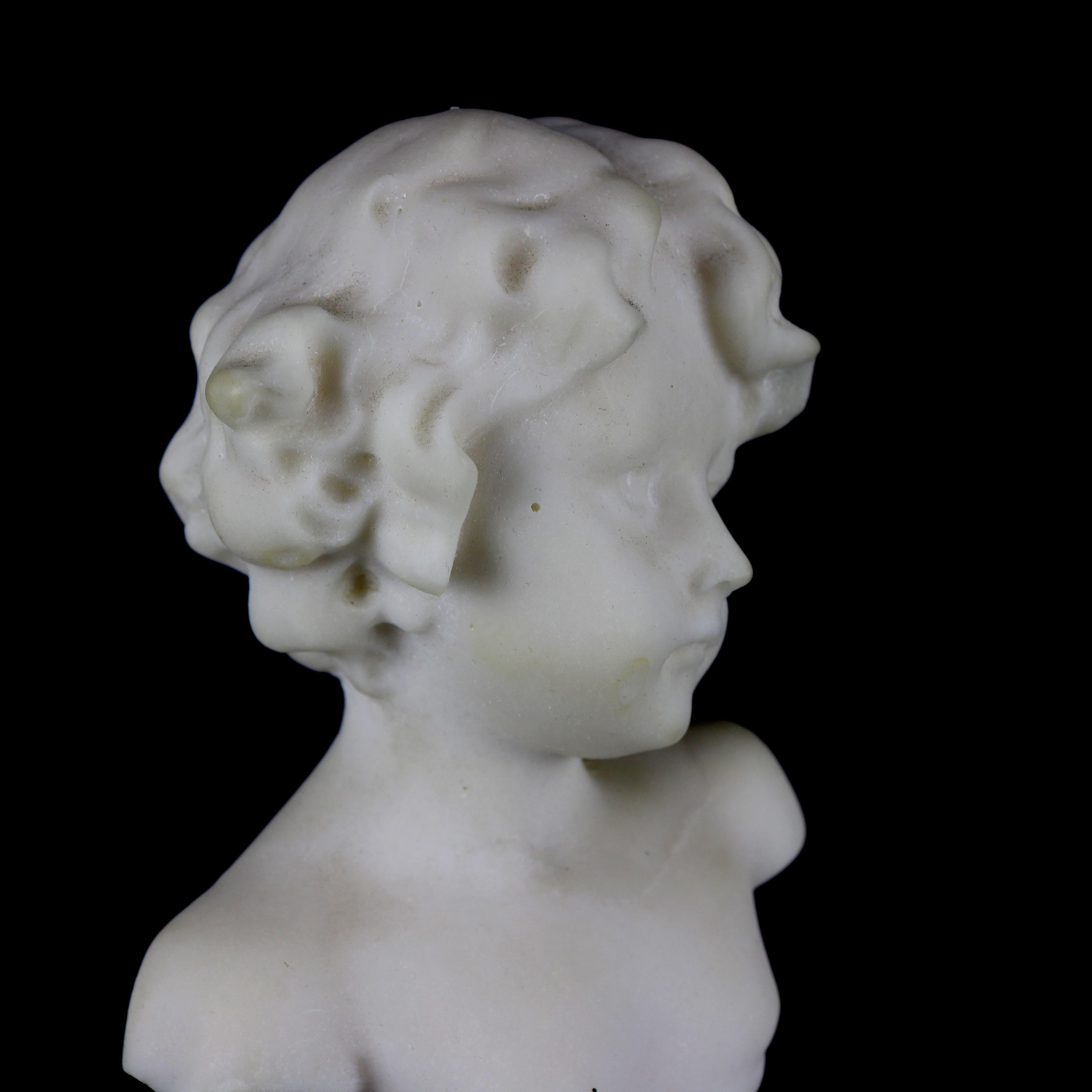 Antique French Carved Marble Portrait Bust of Child on Plinth, circa 1890 In Good Condition In Big Flats, NY