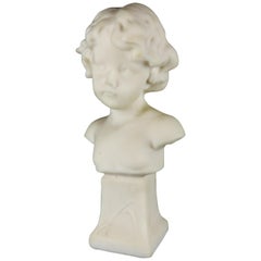 Antique French Carved Marble Portrait Bust of Child on Plinth, circa 1890