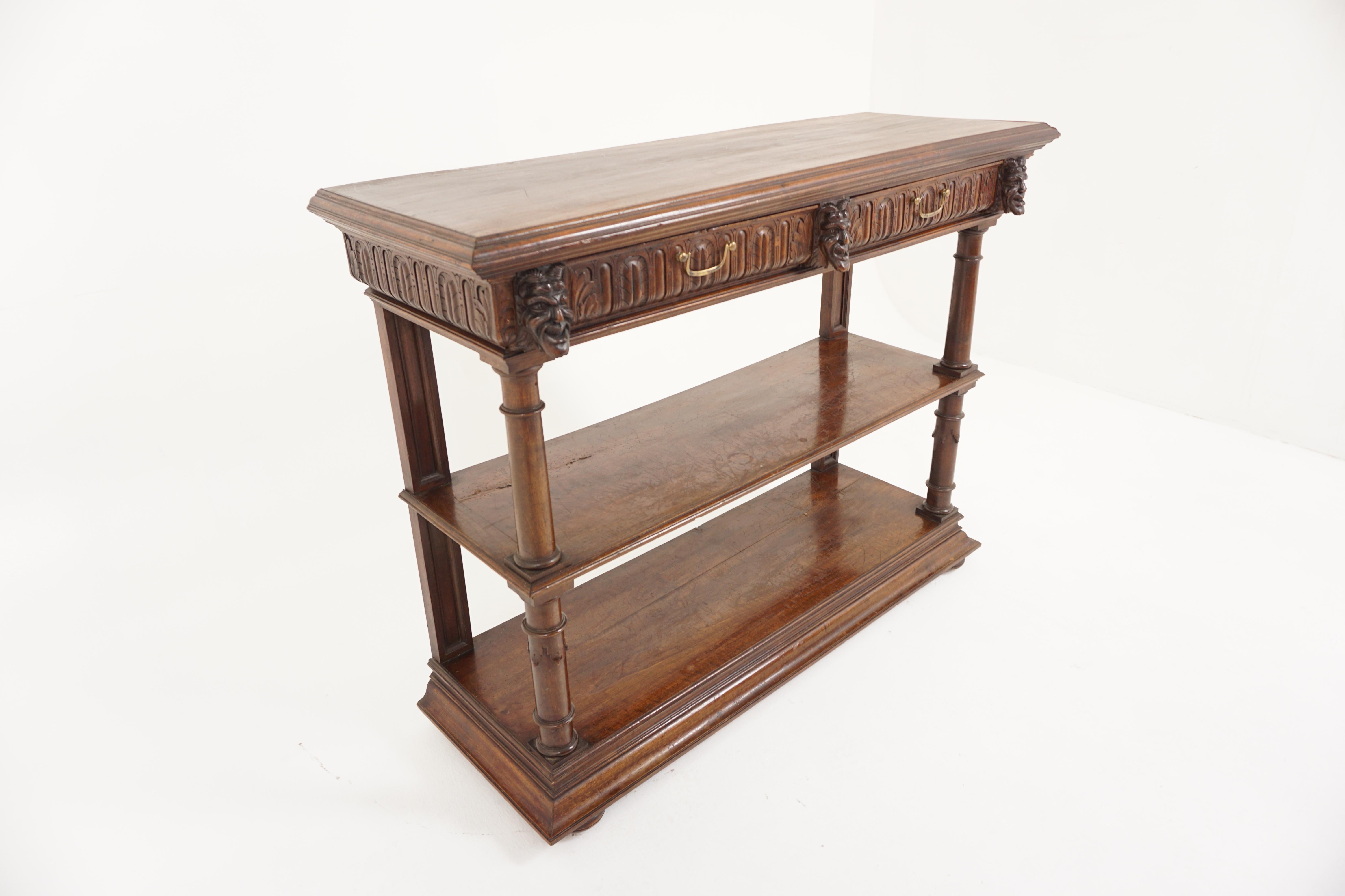 Antique French carved marble top walnut server, cocktail bar hall table, France 1880, B2888

France 1880
Solid Walnut
Original Finish
Rectangular Moulded Top 
Lifts up to reveal shelf to the top
Marble top insert
Three carved rams