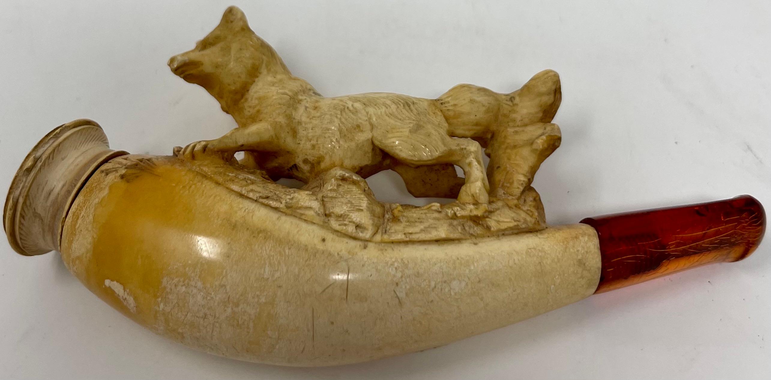 Français Ancien porte-corbeille à racines en écume de mer sculpté français « Fox » dans son coffret d'origine, vers 1890 en vente