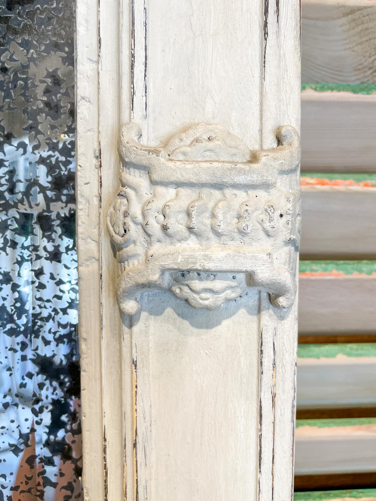 Antique French Carved Mirror with Distressed Beveled Glass in White Finish 10