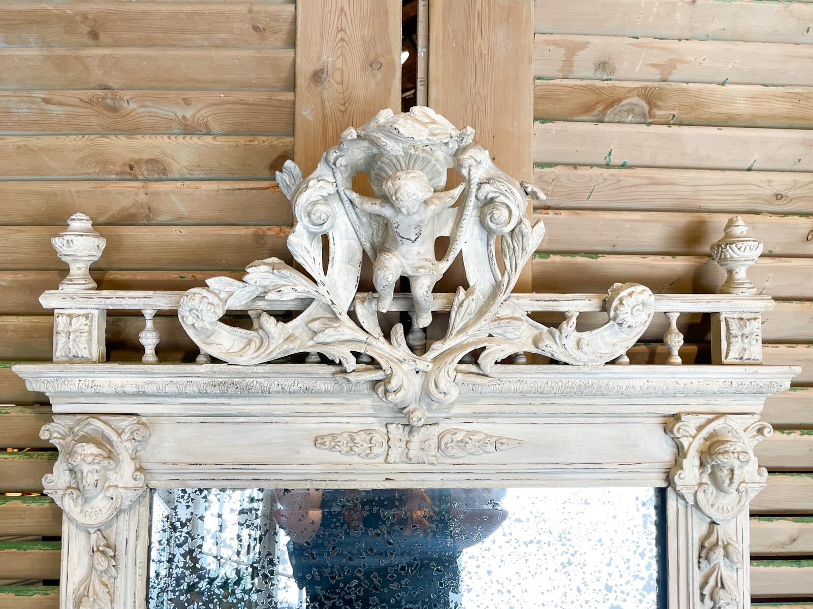 Baroque Antique French Carved Mirror with Distressed Beveled Glass in White Finish