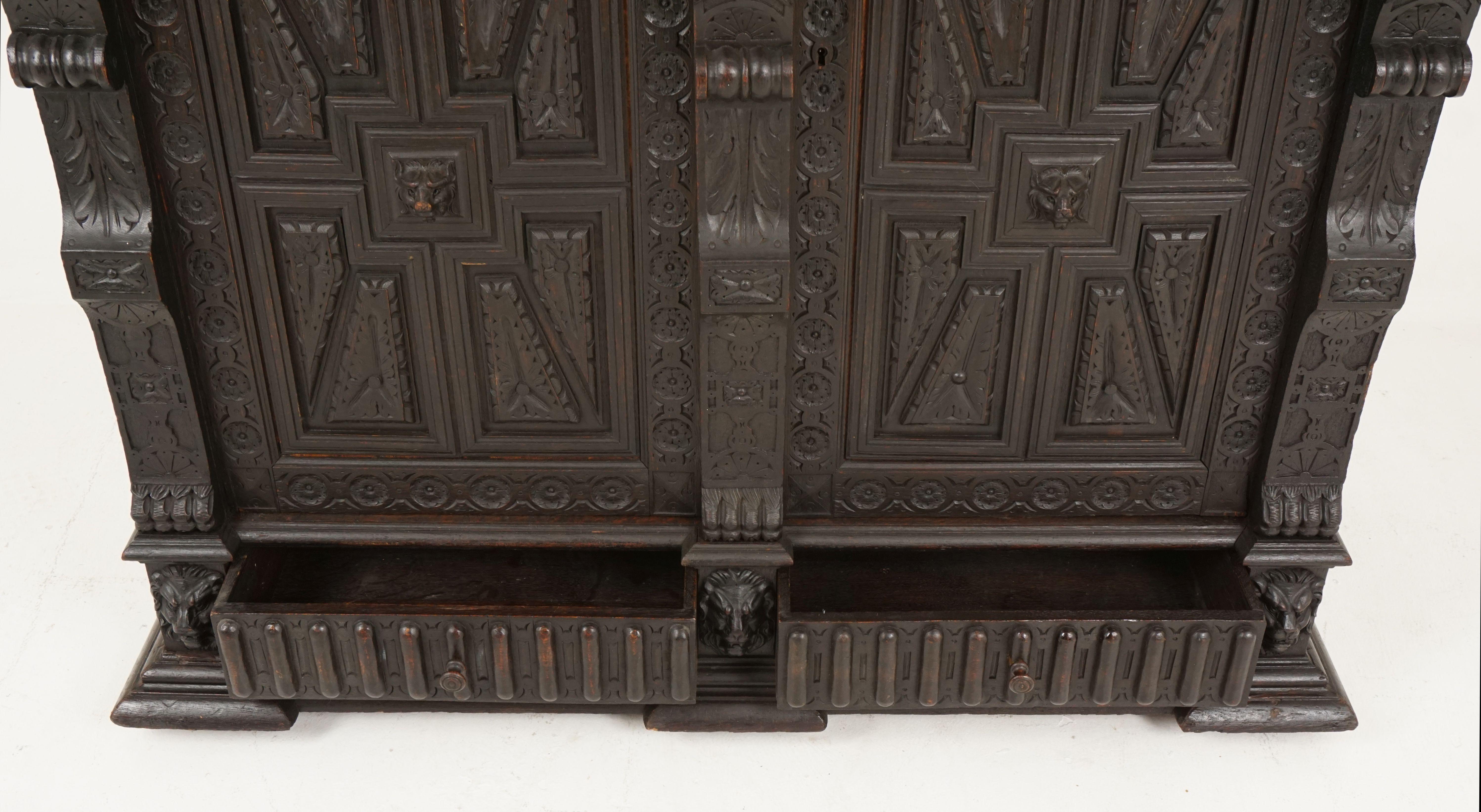 Hand-Crafted Antique French Carved Oak 19th Century Hall Cabinet, Side Cabinet, France, 1880 For Sale