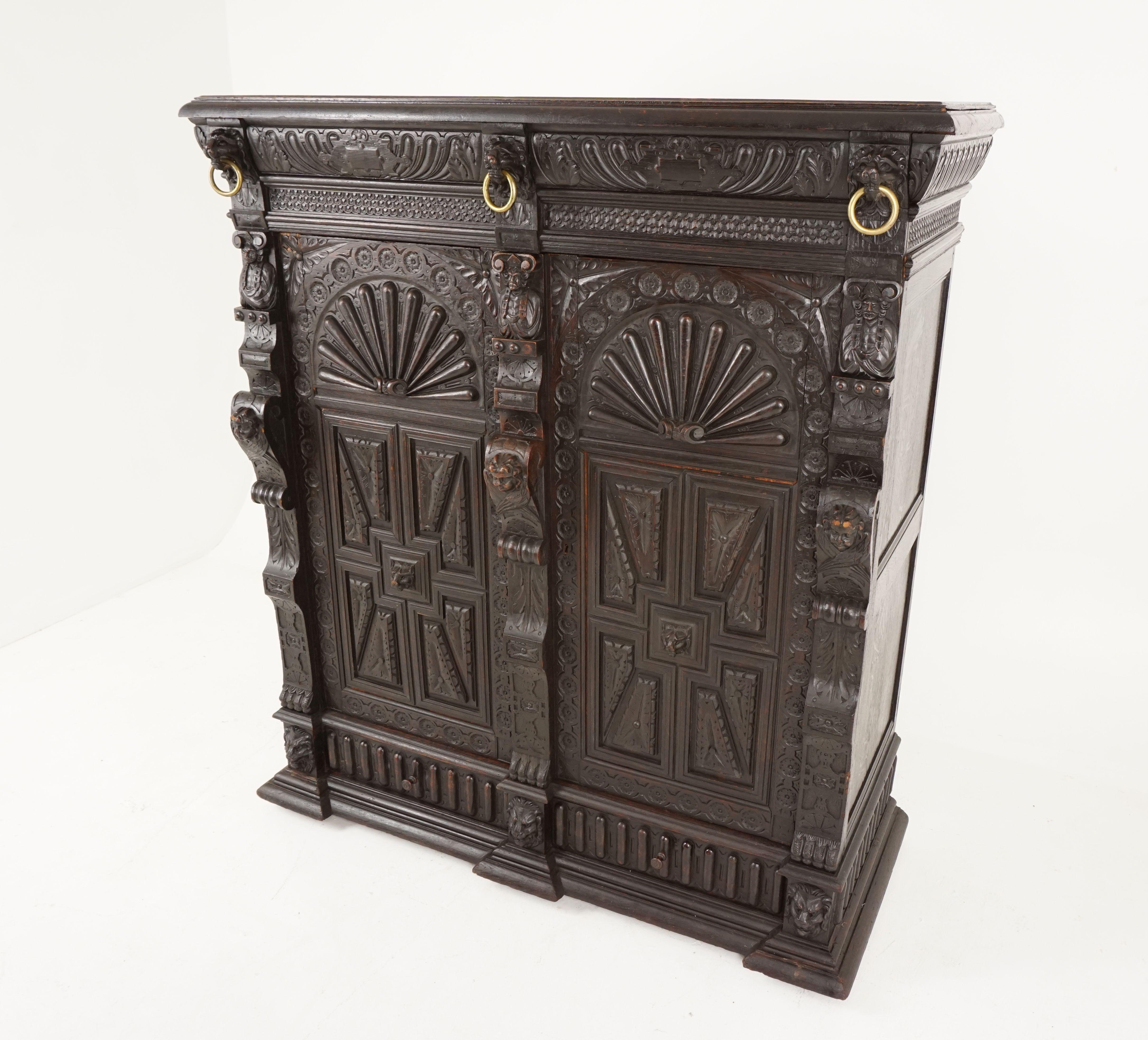 Late 19th Century Antique French Carved Oak 19th Century Hall Cabinet, Side Cabinet, France, 1880 For Sale