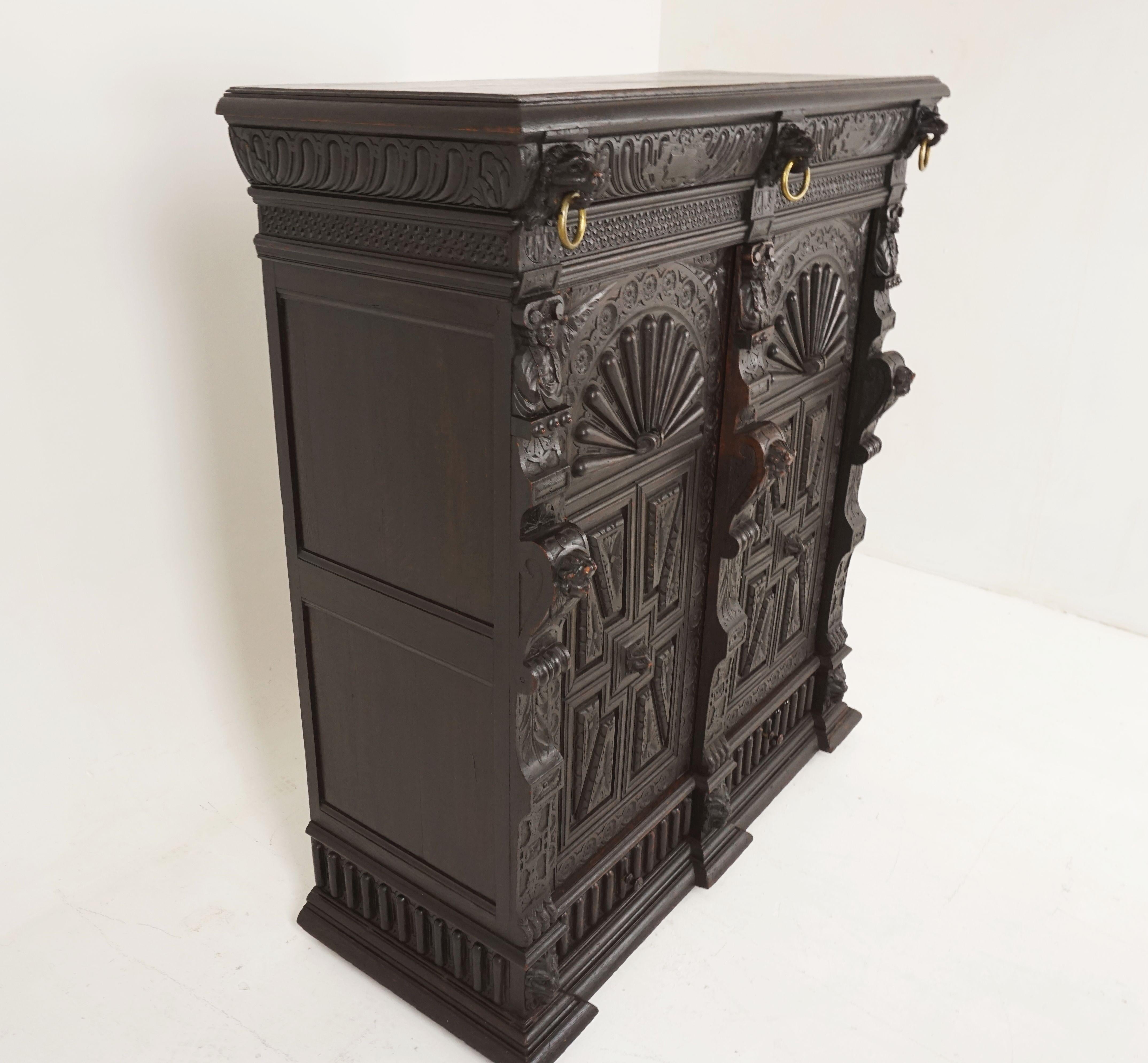 Antique French Carved Oak 19th Century Hall Cabinet, Side Cabinet, France, 1880 For Sale 1