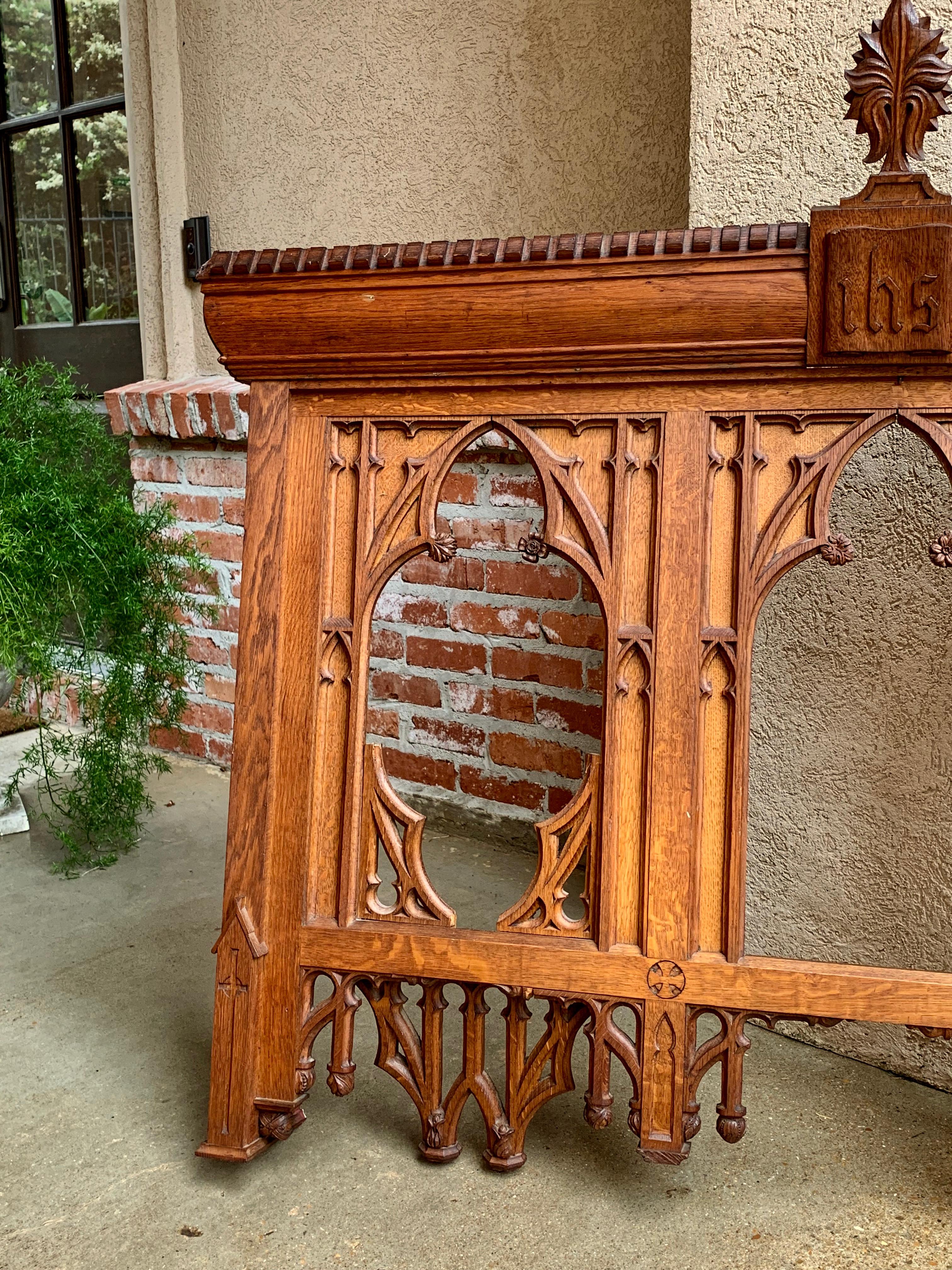 Direct from France, an original French church altar hanging, sourced with all the other interior cabinetry when the church was remodeled~
~Beautiful detailing in the carvings and Gothic tracery~
~(Original altar table that goes below this hanging