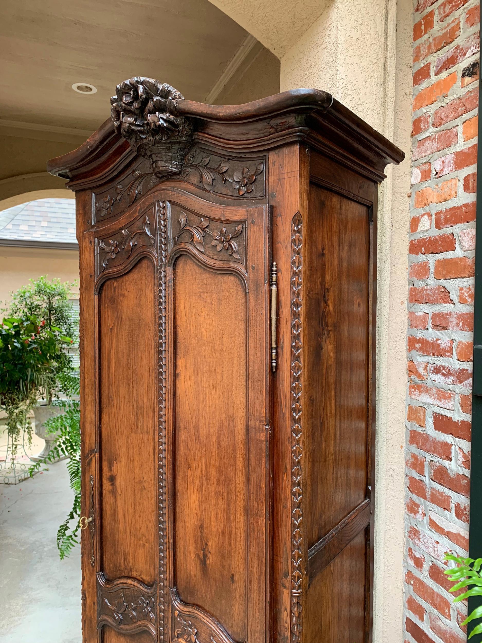 Hand-Carved Antique French Carved Oak Armoire Bonnetiere Linen Cabinet Louis XV Style 19th C