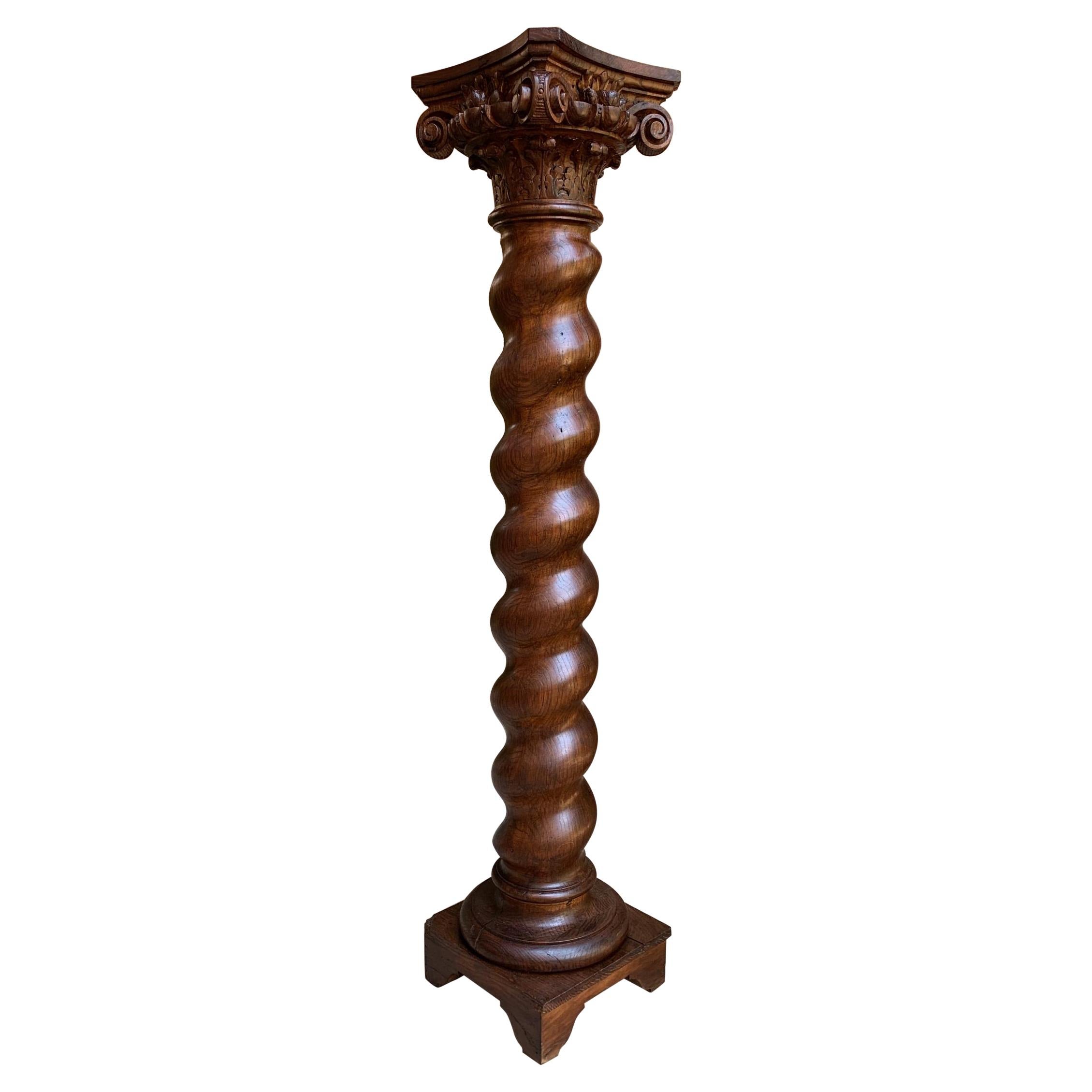 19th century French Carved Oak Barley Twist Column Pedestal Plant Stand Display