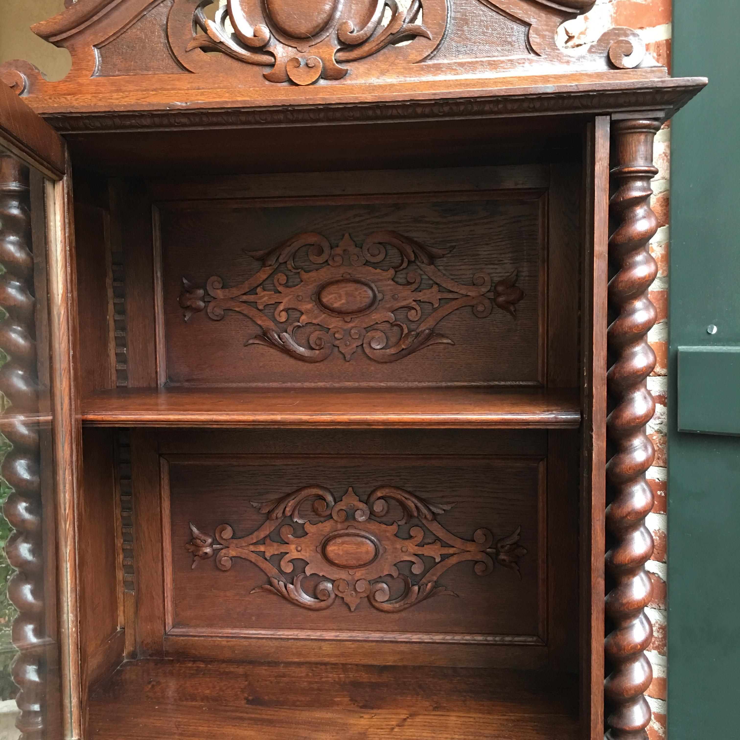 Hand-Carved Antique French Barley Twist Display Cabinet Vitrine Bookcase Carved Oak c1880