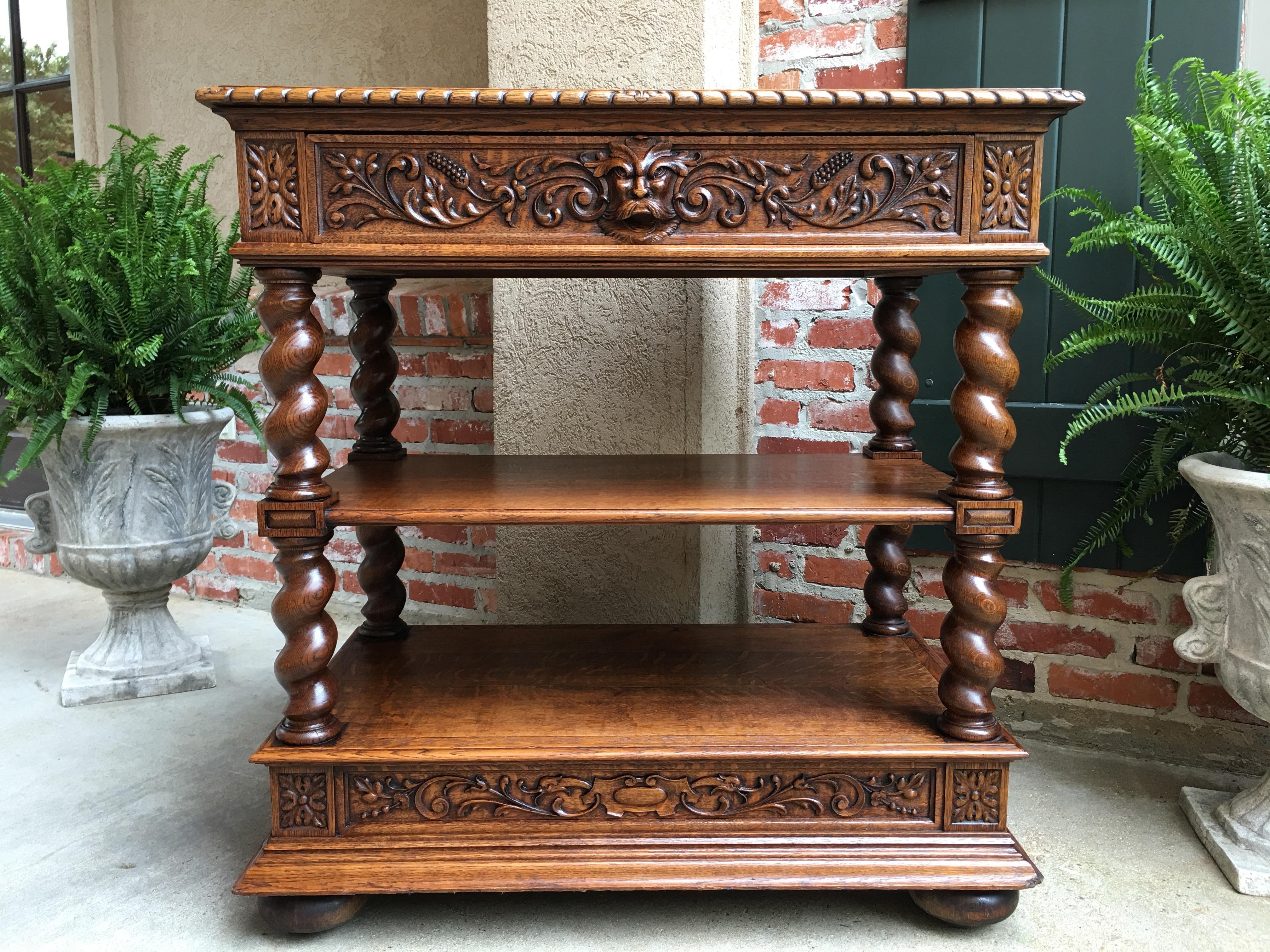 Direct from France, a superb antique French carved oak barley twist Renaissance style server sideboard, buffet table!
~Outstanding carvings on all sides, both the frieze on the upper and wide moulding on the lower --this server can be floated in