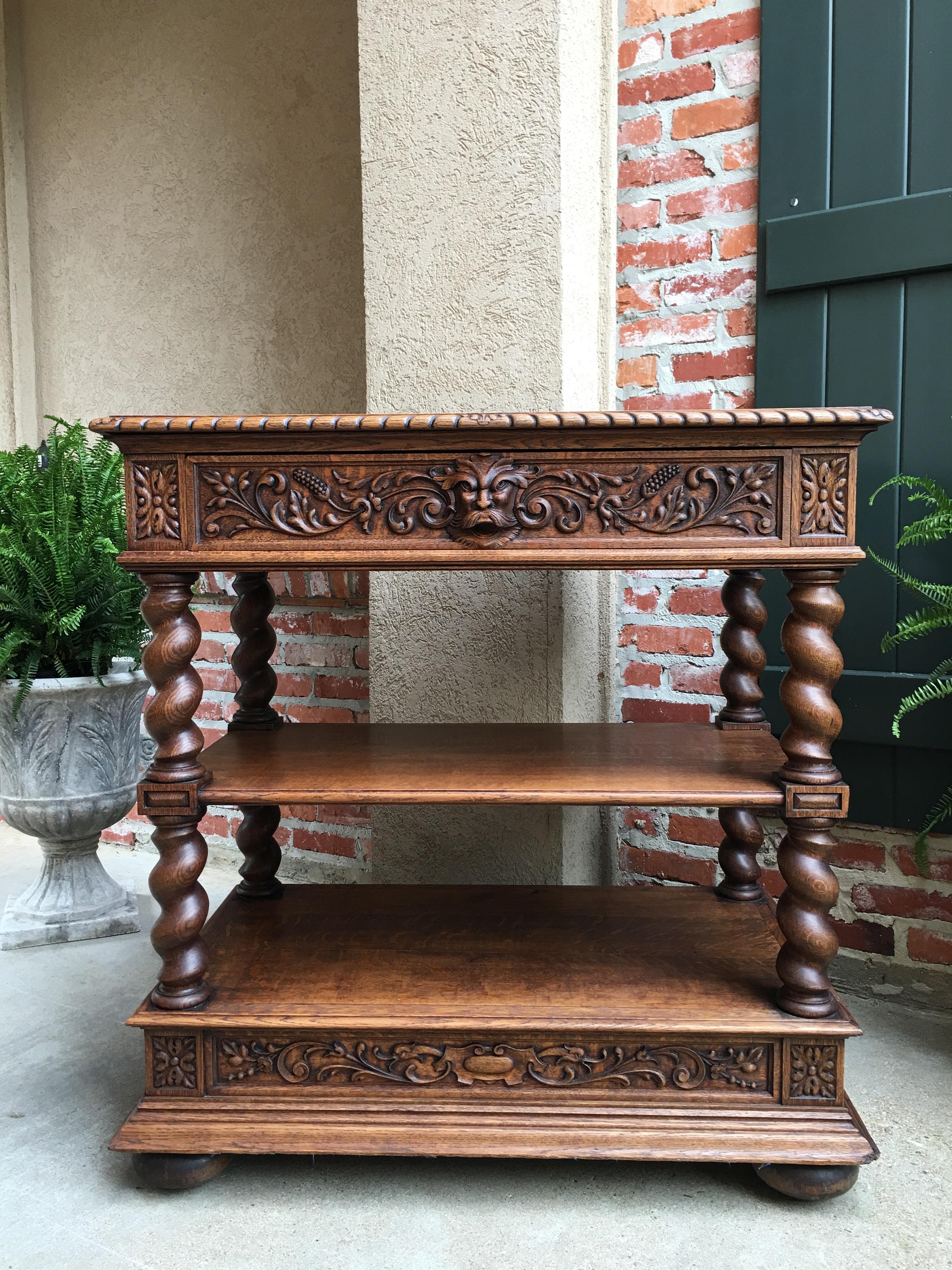 Louis XIV Antique French Carved Oak Barley Twist Renaissance Server Sideboard Buffet Table