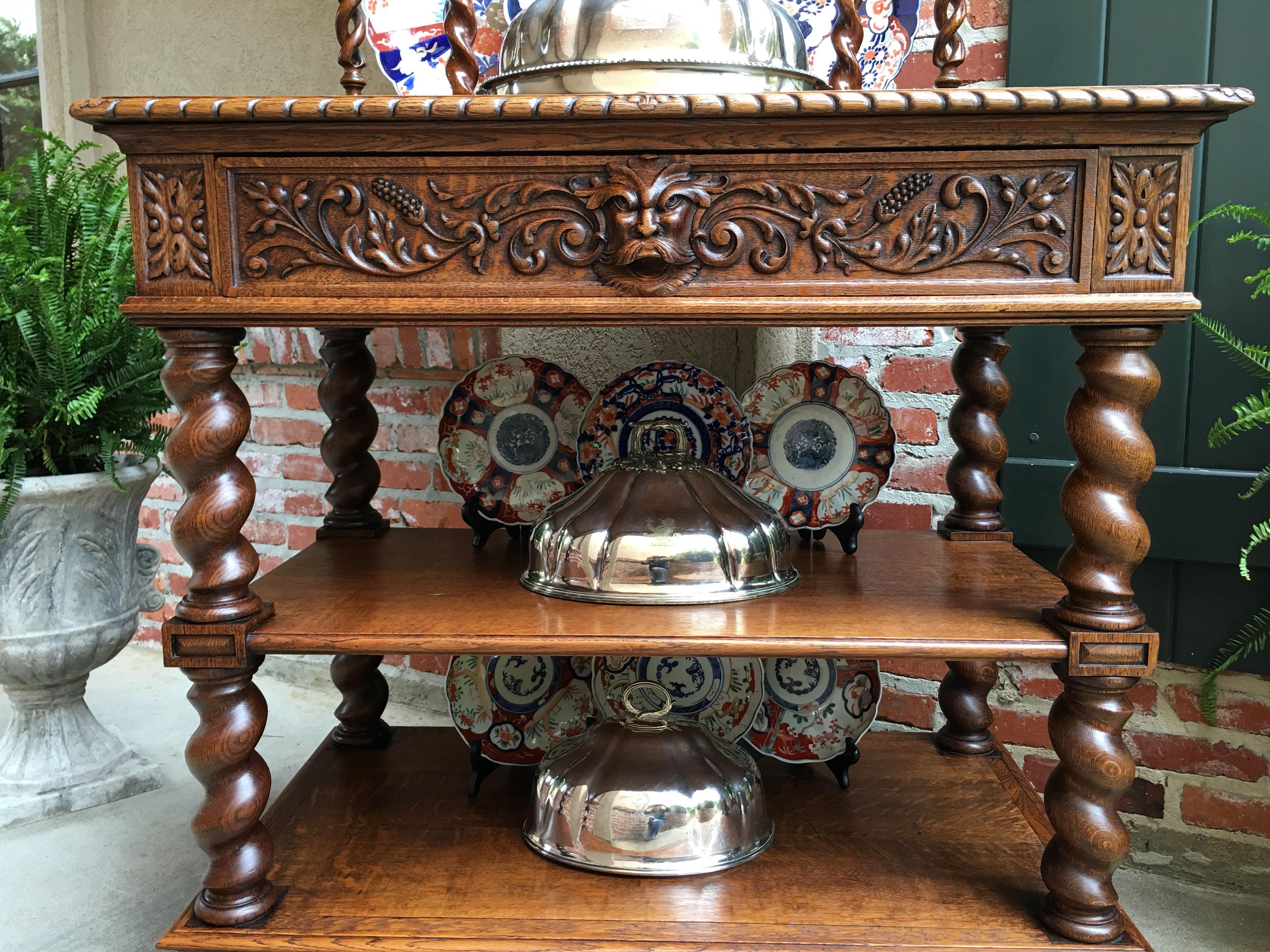 Hand-Carved Antique French Carved Oak Barley Twist Renaissance Server Sideboard Buffet Table
