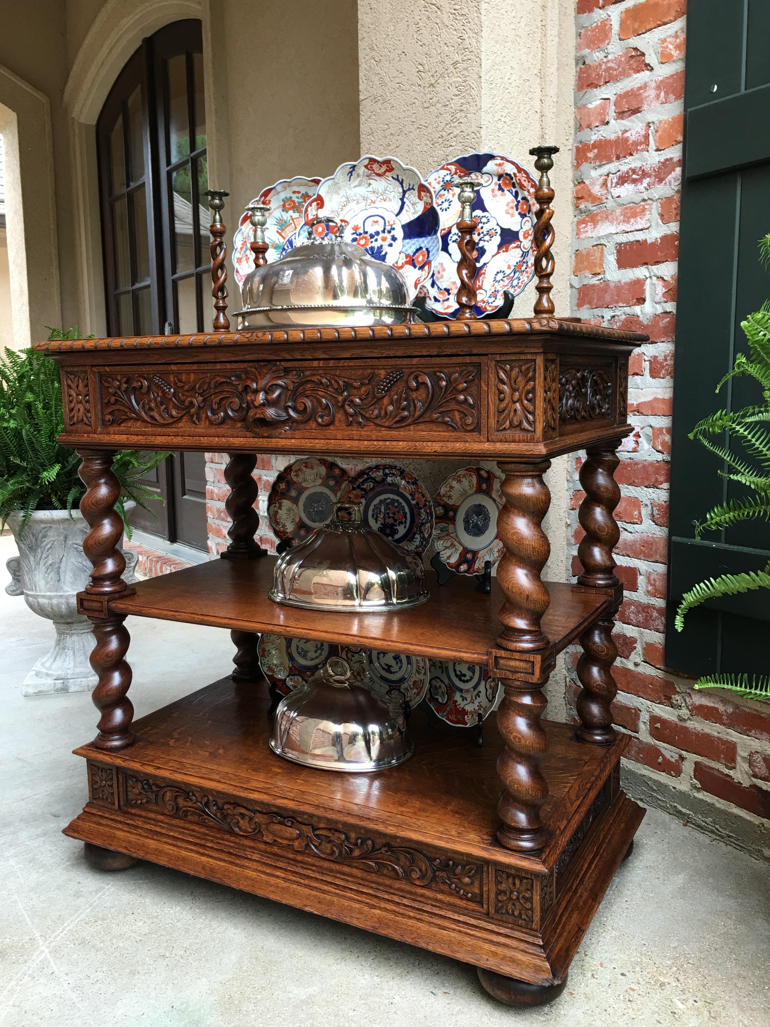 Antique French Carved Oak Barley Twist Renaissance Server Sideboard Buffet Table In Good Condition In Shreveport, LA