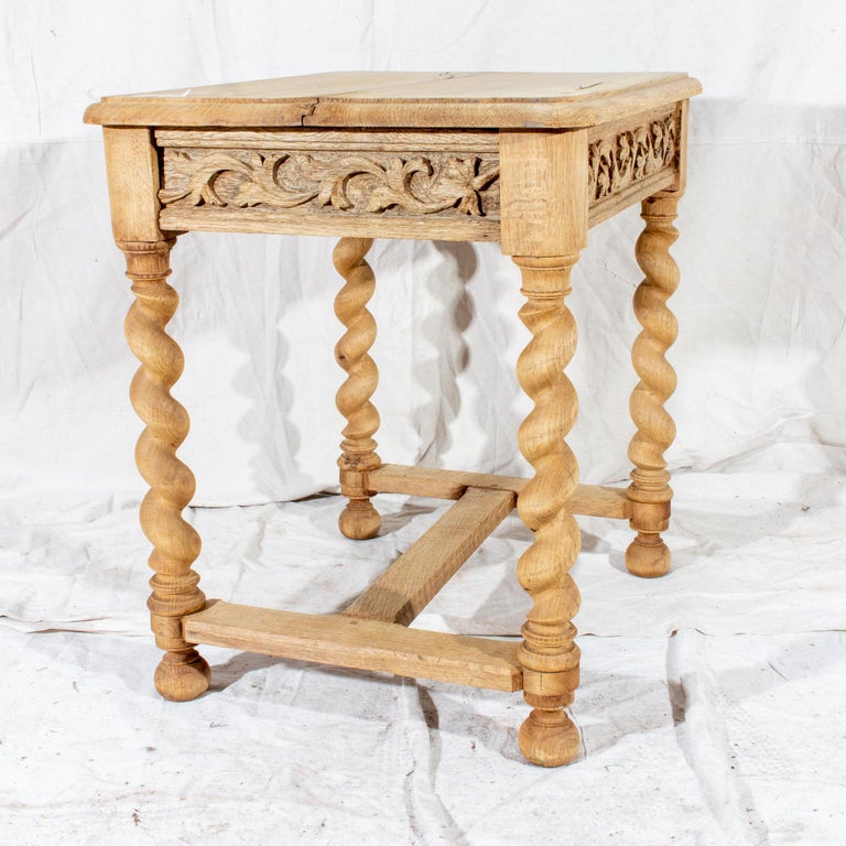 Antique French Carved Oak Barley Twist Side Table with Drawer at 1stDibs