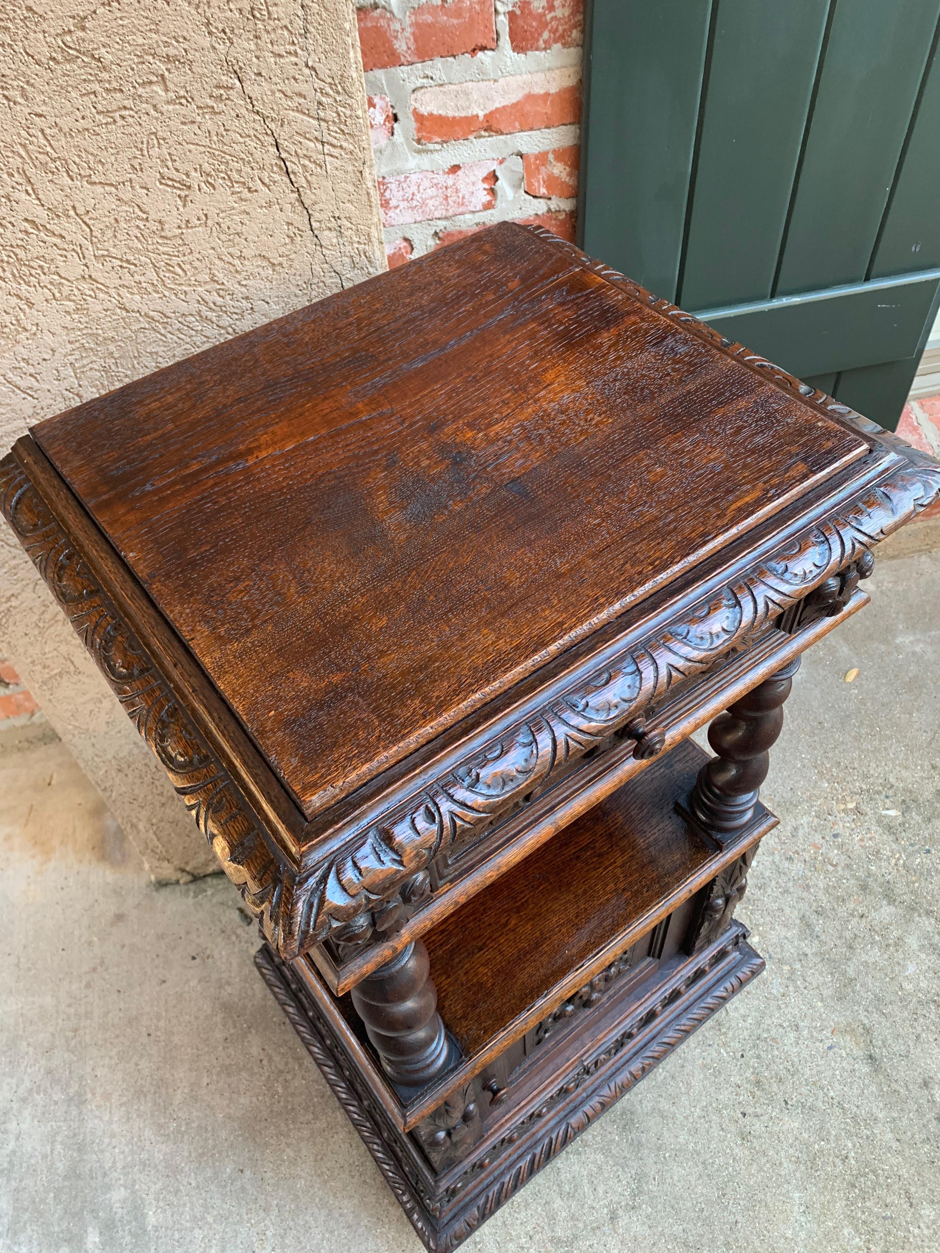 Antique French Carved Oak Barley Twist Square End Table Pedestal Bronze Stand 7