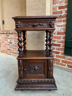 Antique French Carved Oak Barley Twist Square End Table Pedestal Bronze Stand