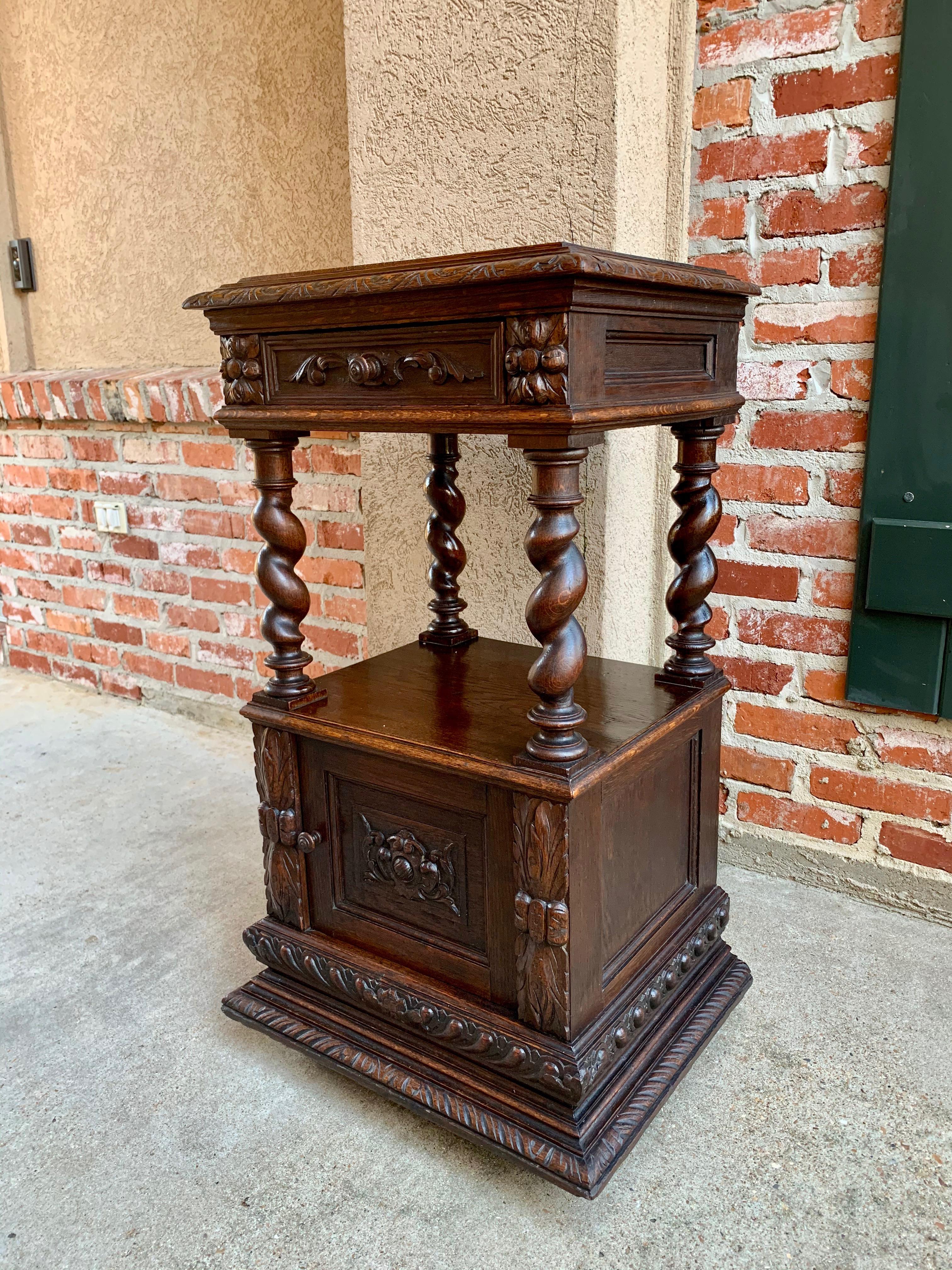Renaissance Revival Antique French Carved Oak Barley Twist Square End Table Pedestal Bronze Stand