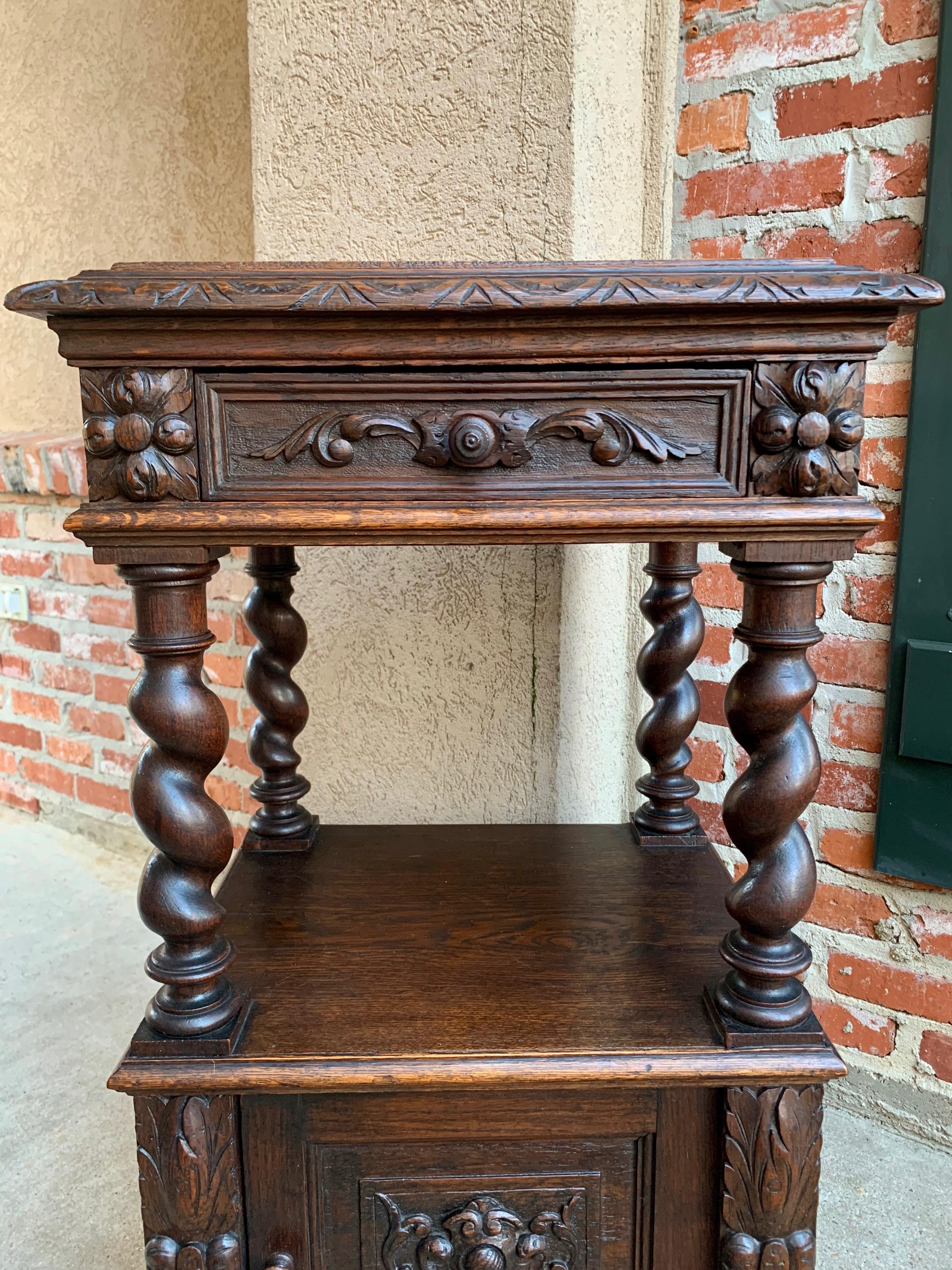 Hand-Carved Antique French Carved Oak Barley Twist Square End Table Pedestal Bronze Stand