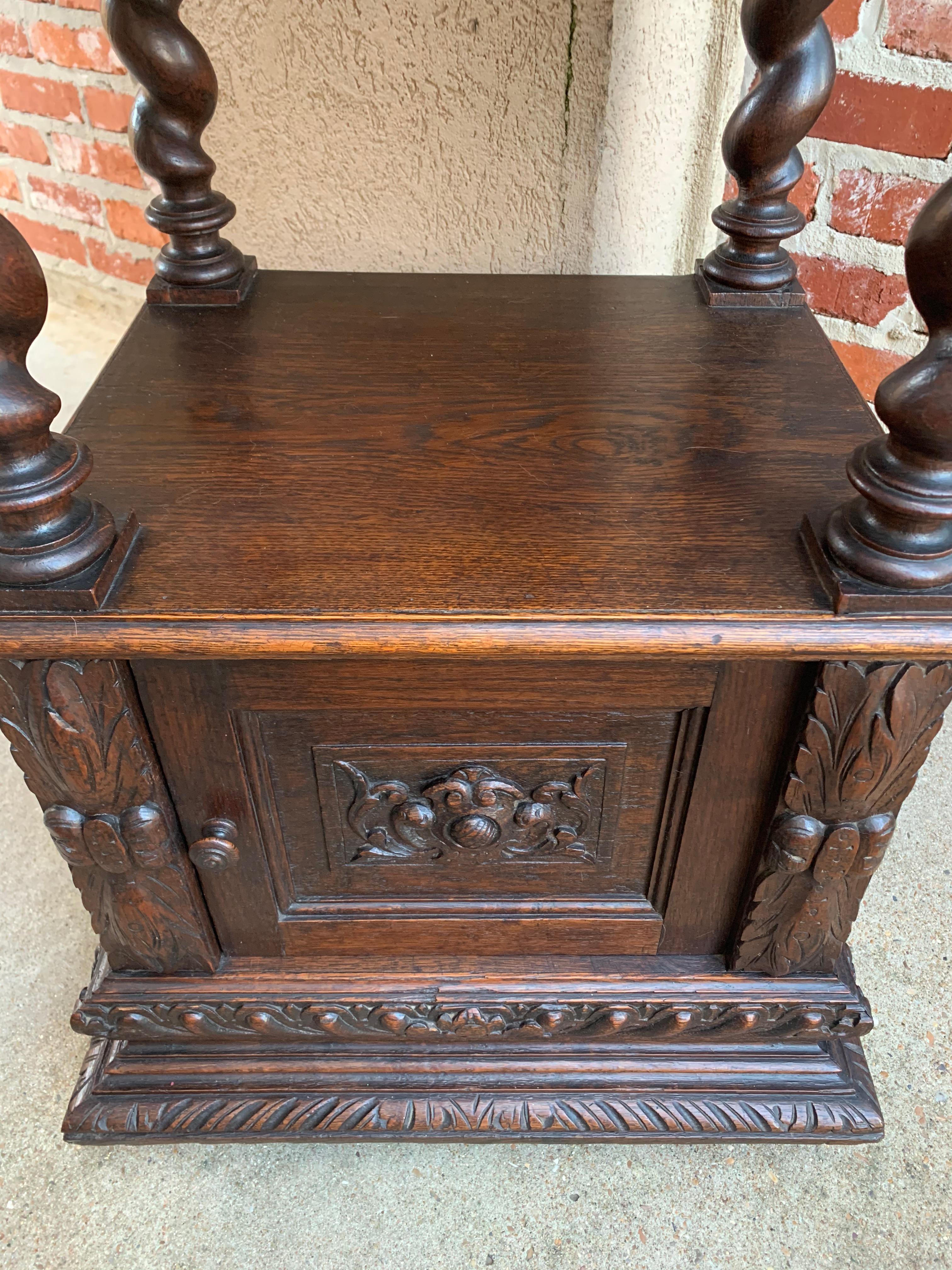 Late 19th Century Antique French Carved Oak Barley Twist Square End Table Pedestal Bronze Stand