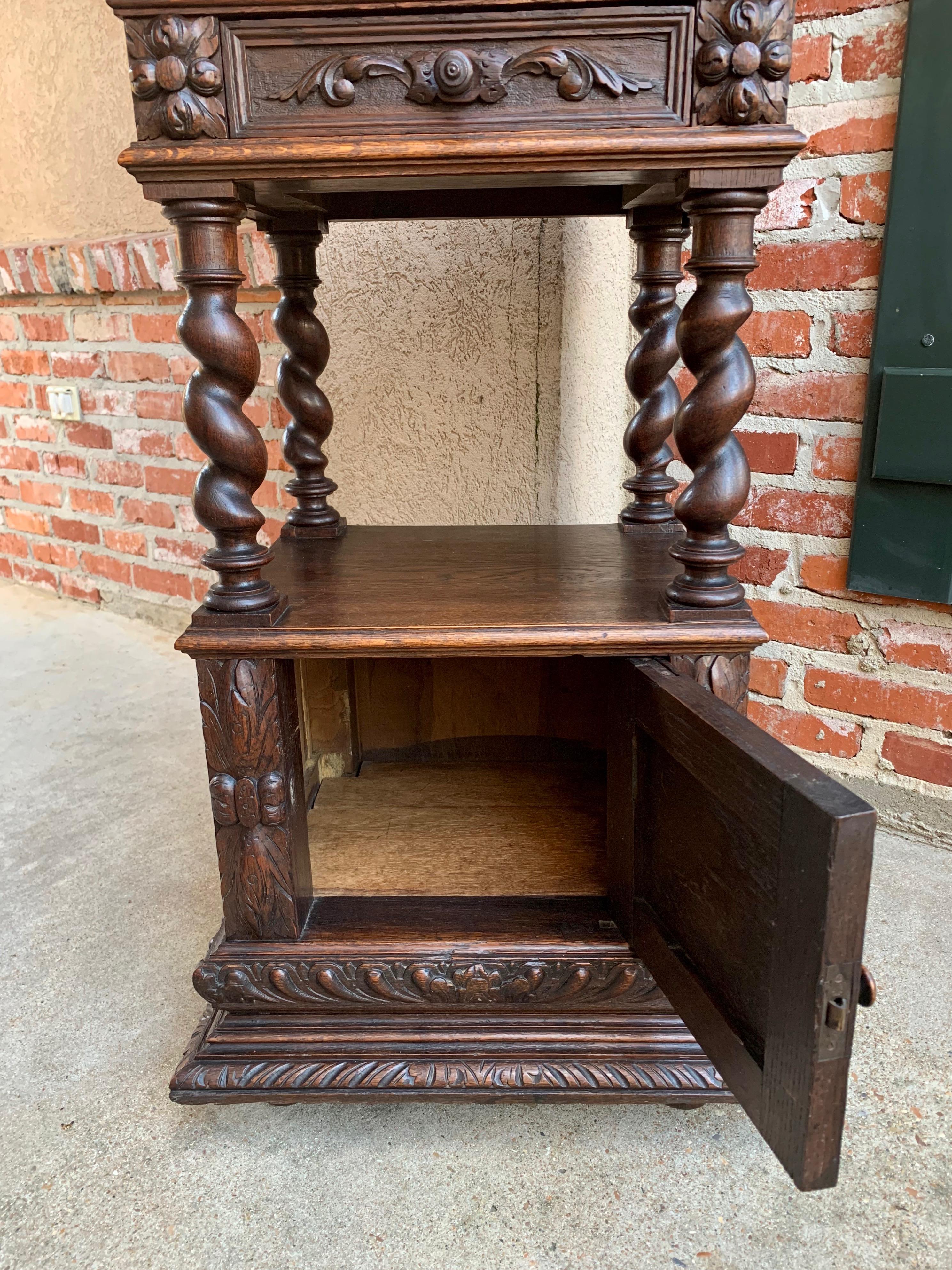Antique French Carved Oak Barley Twist Square End Table Pedestal Bronze Stand 1