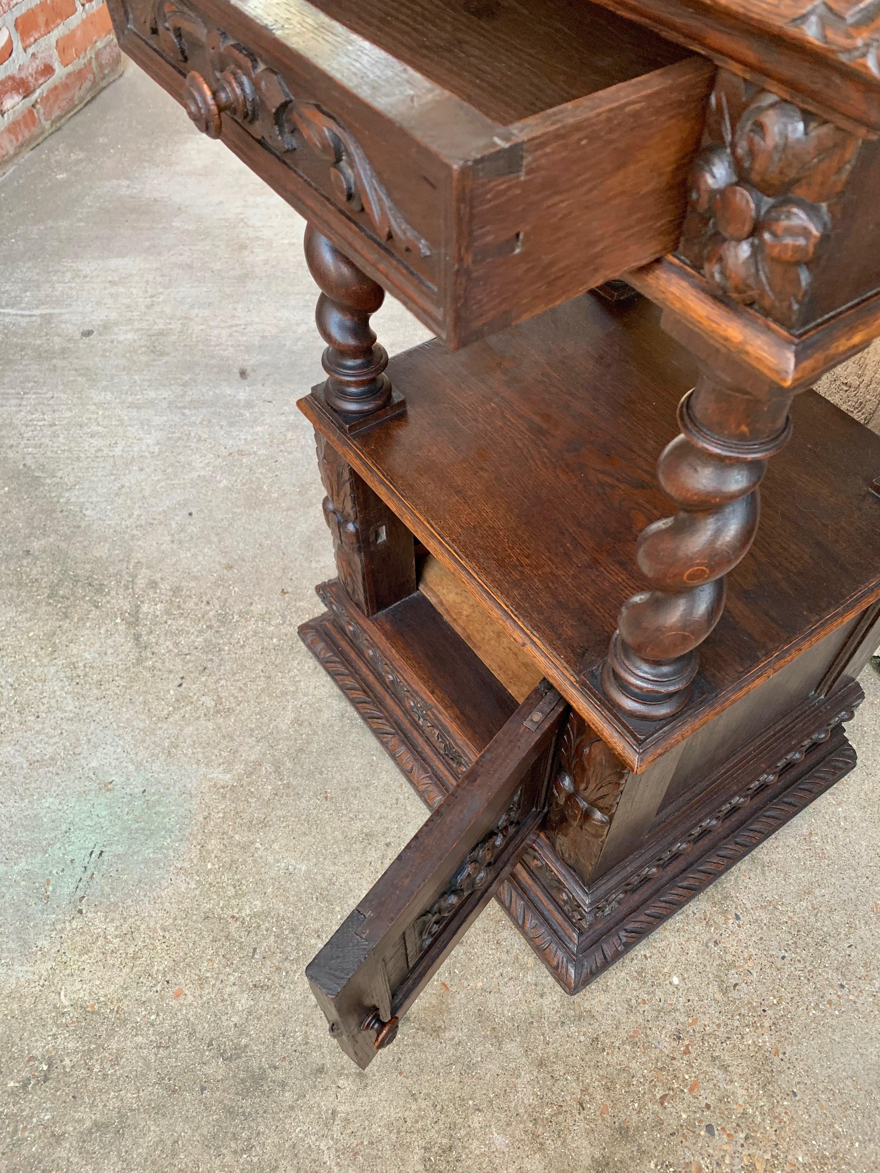 Antique French Carved Oak Barley Twist Square End Table Pedestal Bronze Stand 2