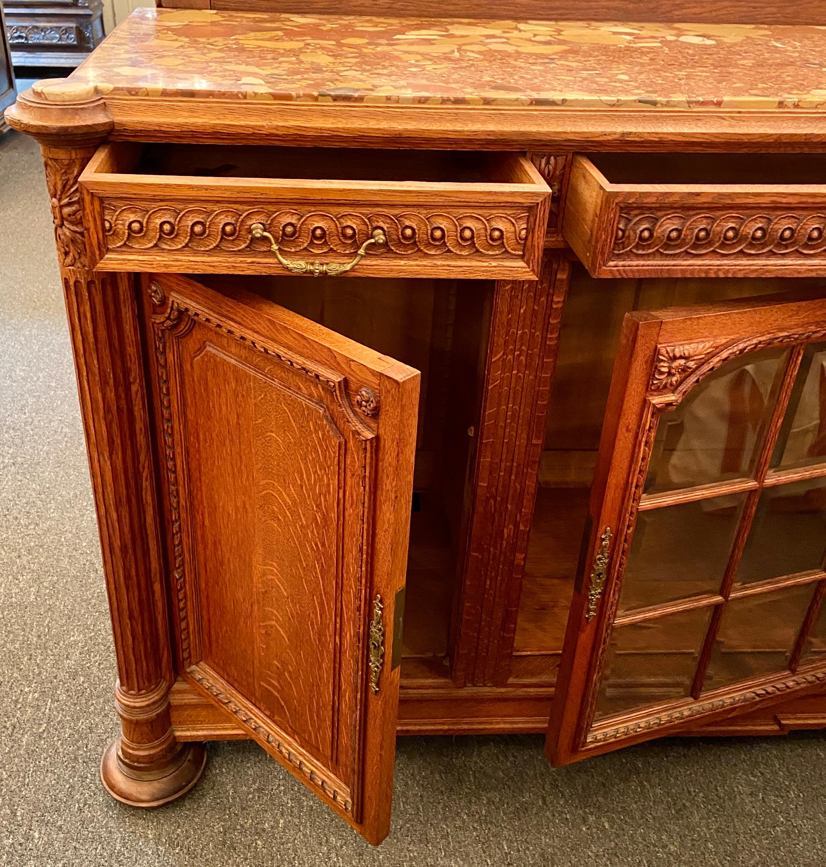 Antique French Carved Oak & Beveled Glass Buffet w/ Original Marble Top, C. 1900 For Sale 1