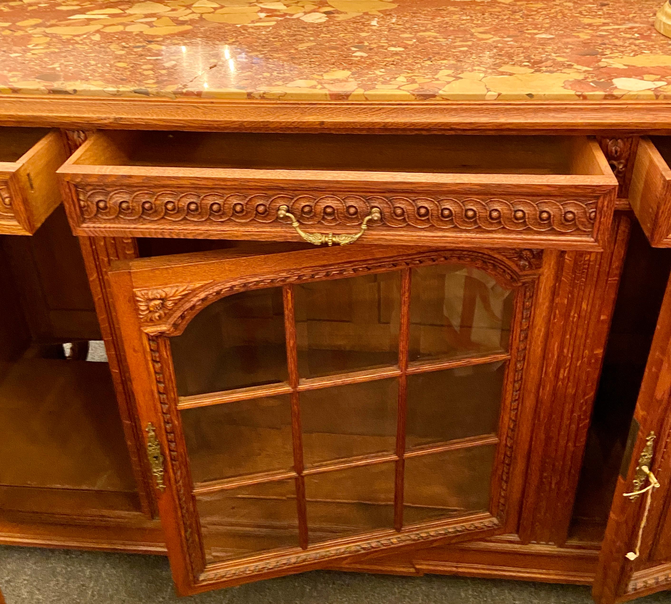 Antique French Carved Oak & Beveled Glass Buffet w/ Original Marble Top, C. 1900 For Sale 2