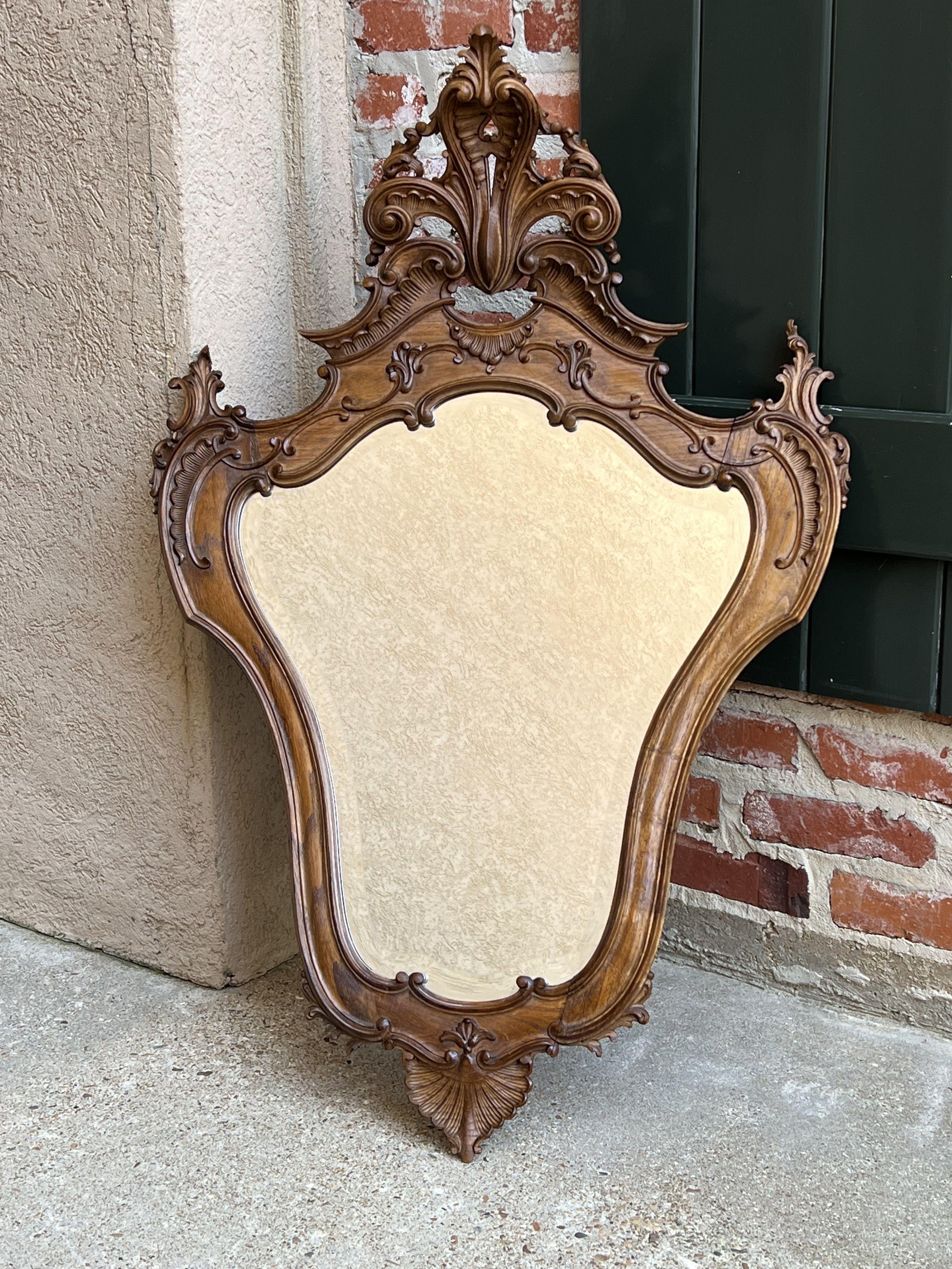 Antique French Carved Oak Beveled Wall Mirror Louis XV style Serpentine Rococo 9