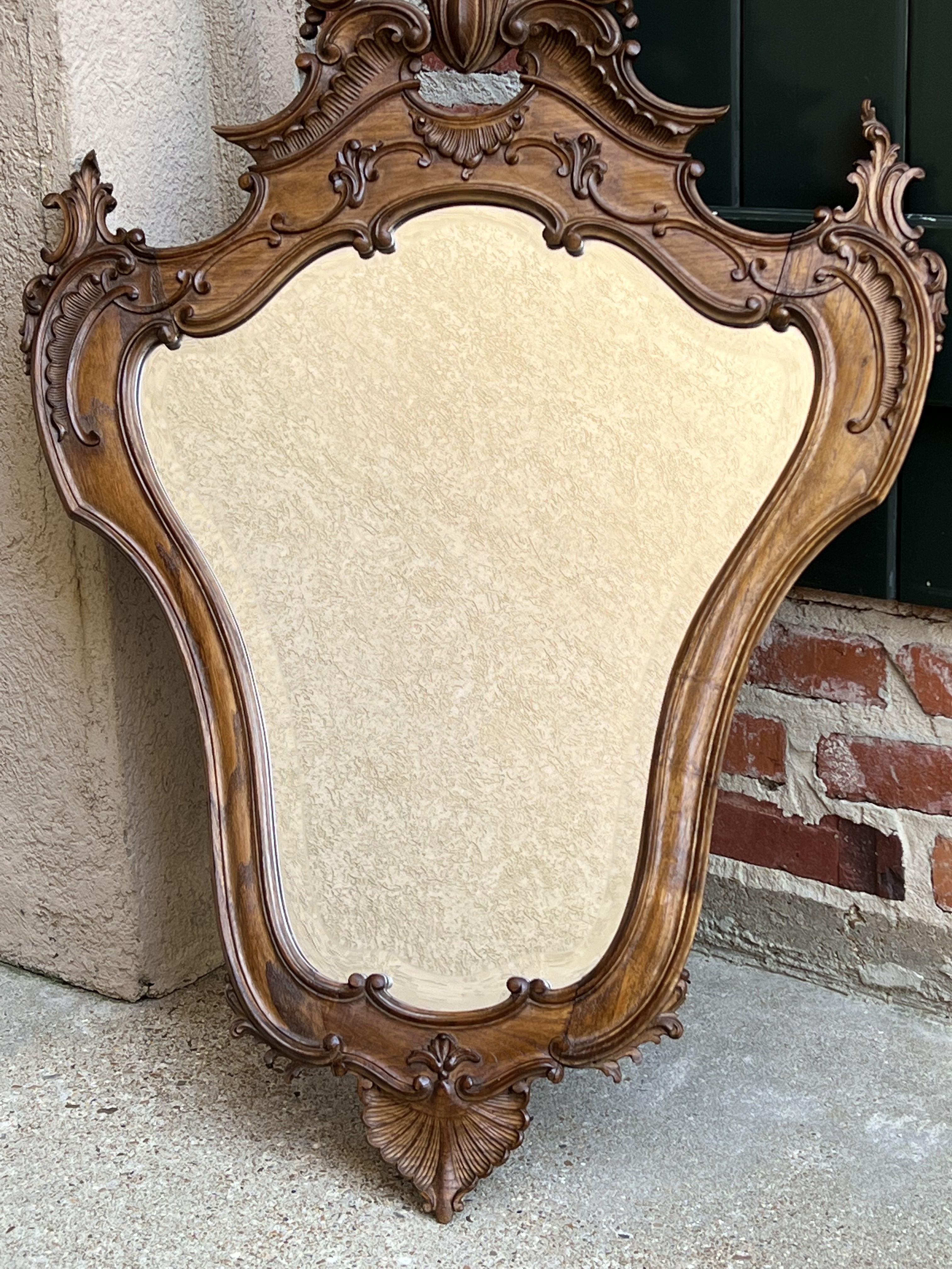 Antique French Carved Oak Beveled Wall Mirror Louis XV style Serpentine Rococo 2