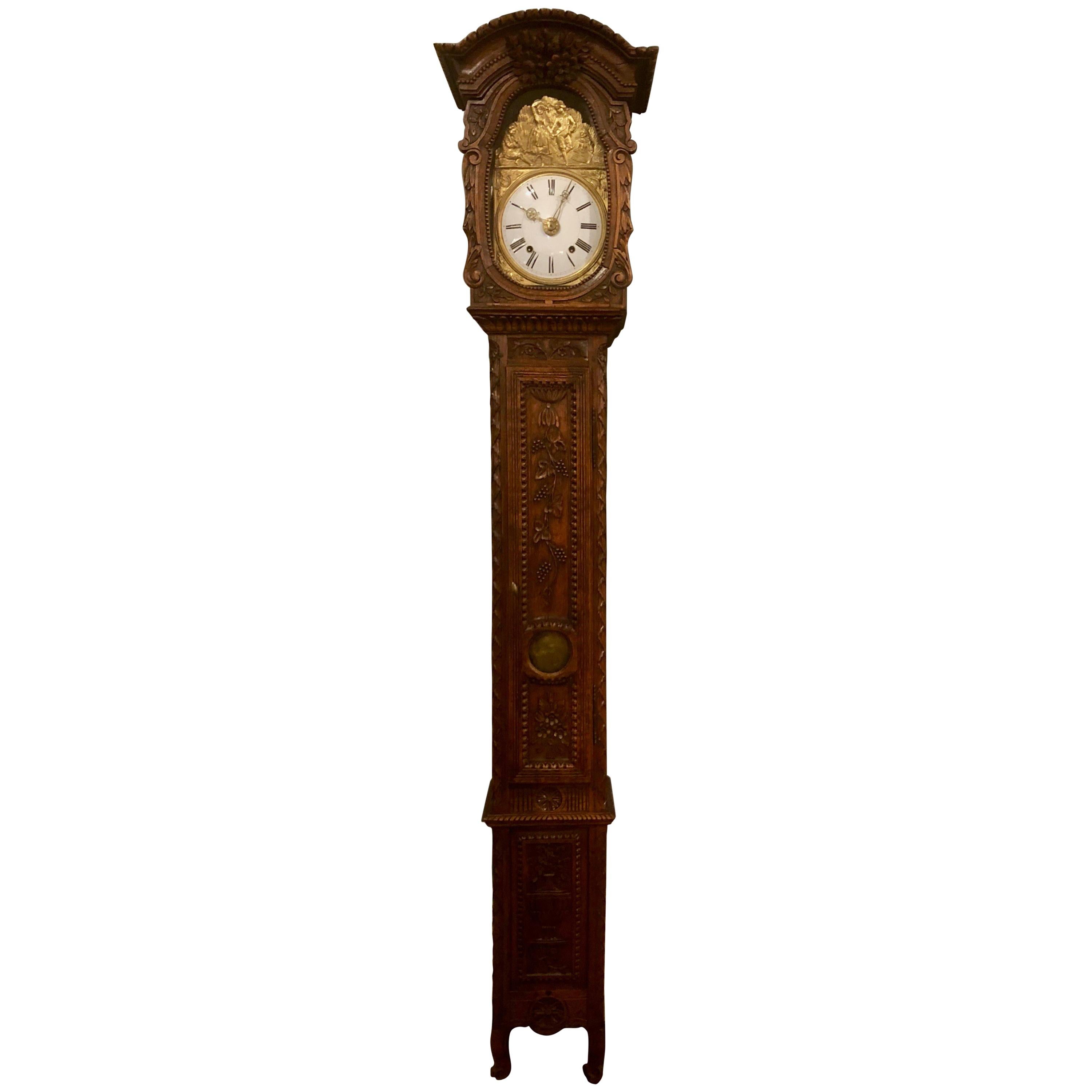 Antique French Carved Oak "Brittany" Grandfather Clock