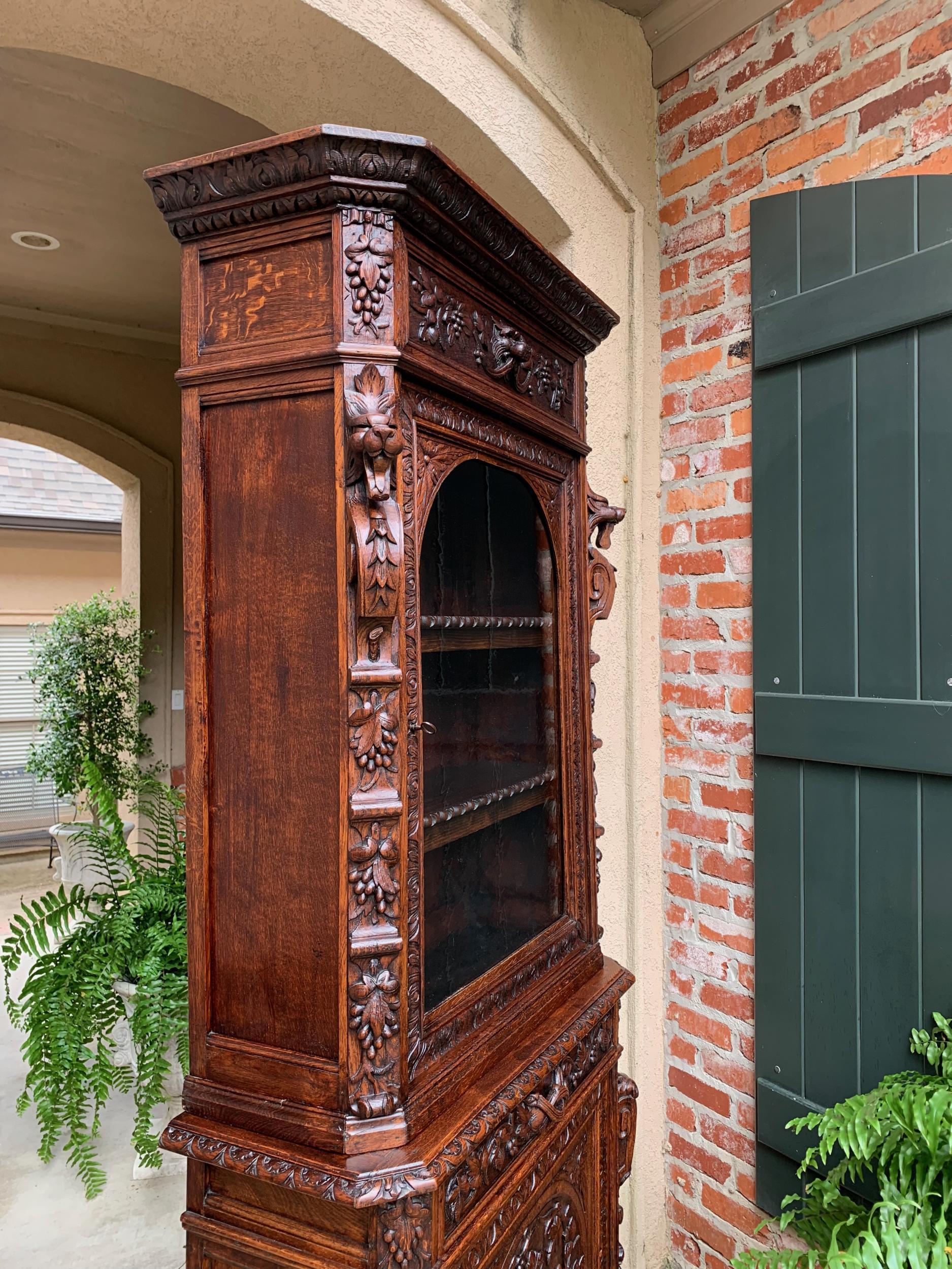 Antique French Carved Oak Cabinet Bookcase Renaissance Lion Black Forest Vitrine 5