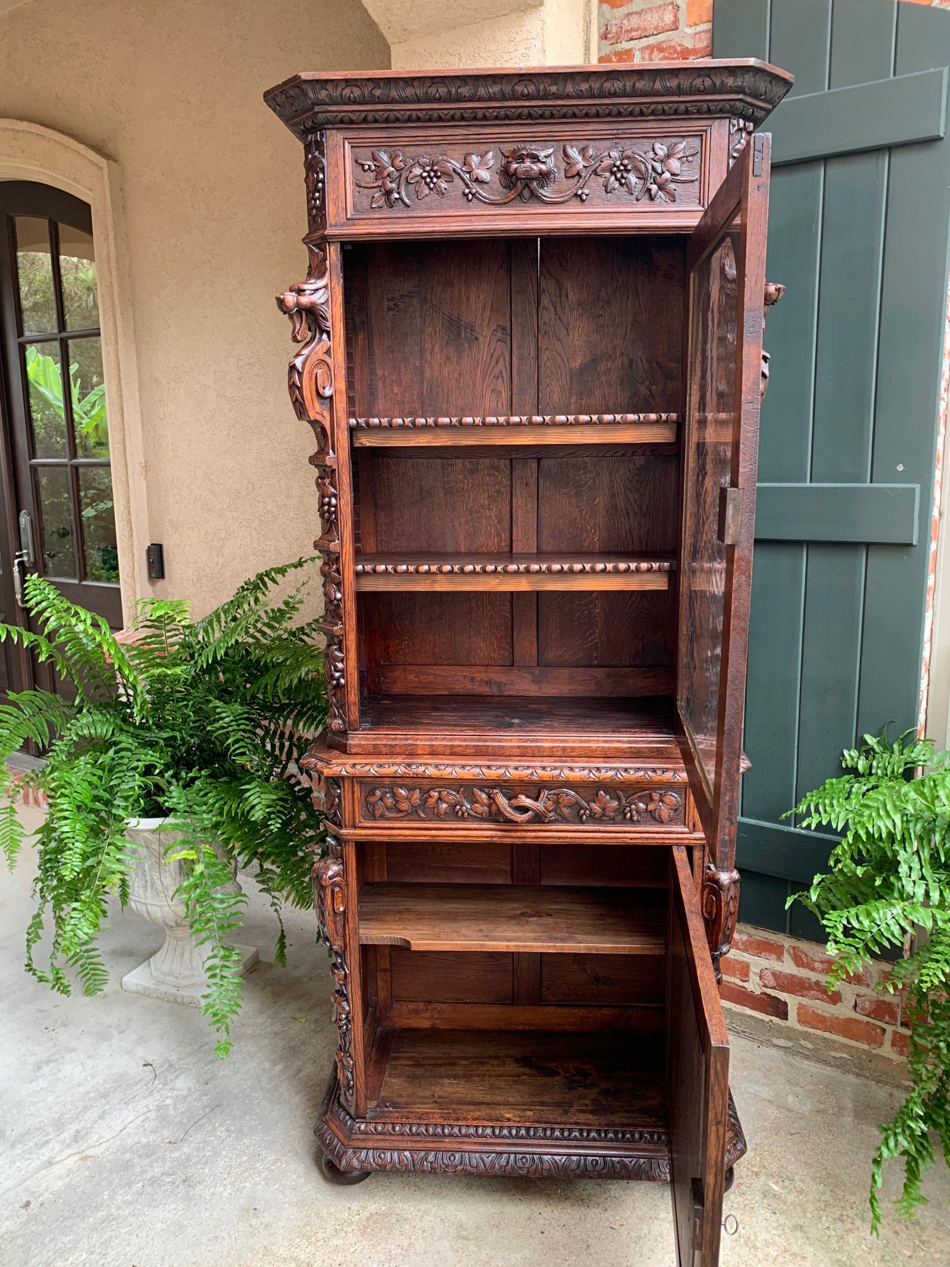 Antique French Carved Oak Cabinet Bookcase Renaissance Lion Black Forest Vitrine 6