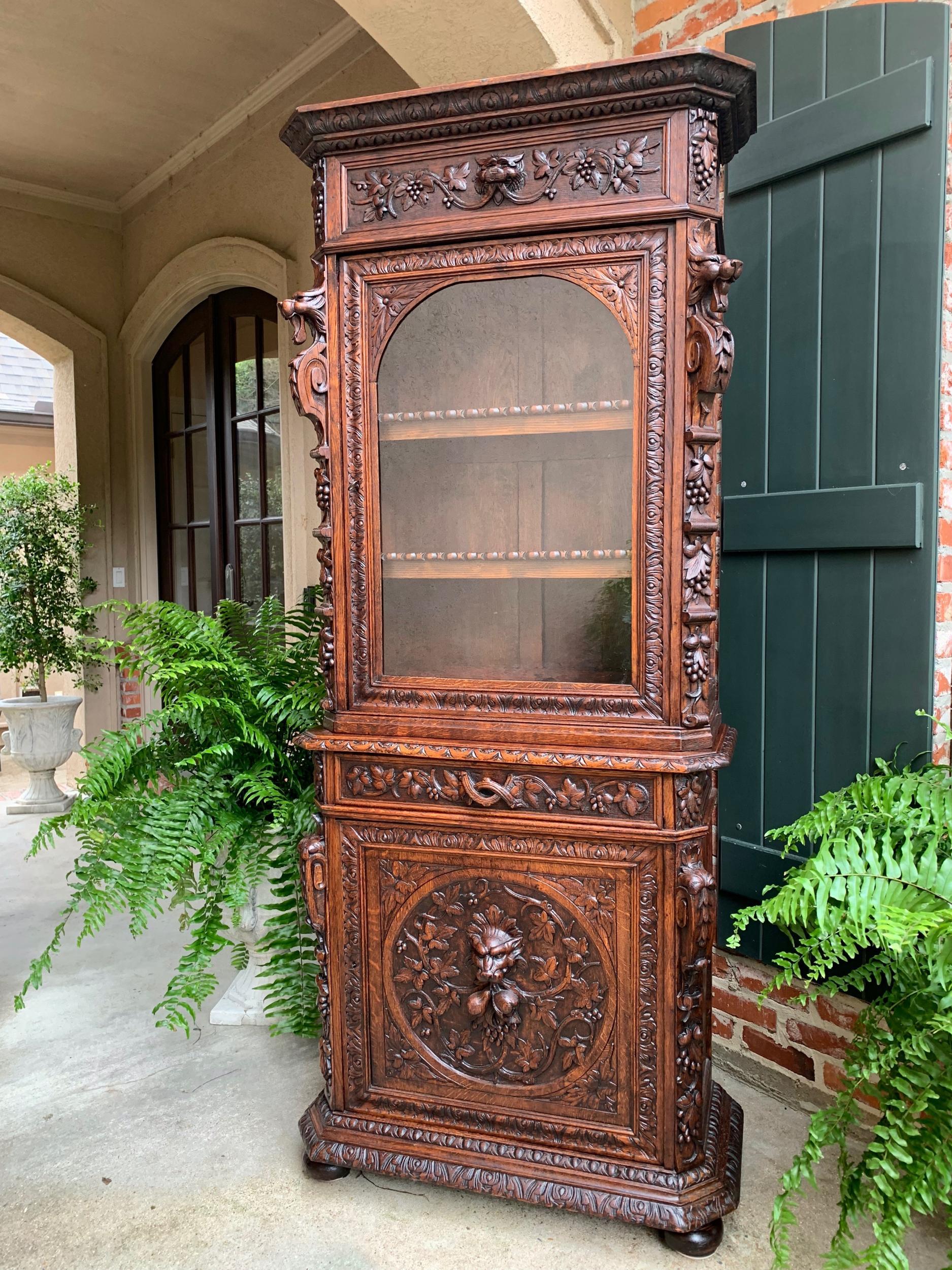 Antique French Carved Oak Cabinet Bookcase Renaissance Lion Black Forest Vitrine 8