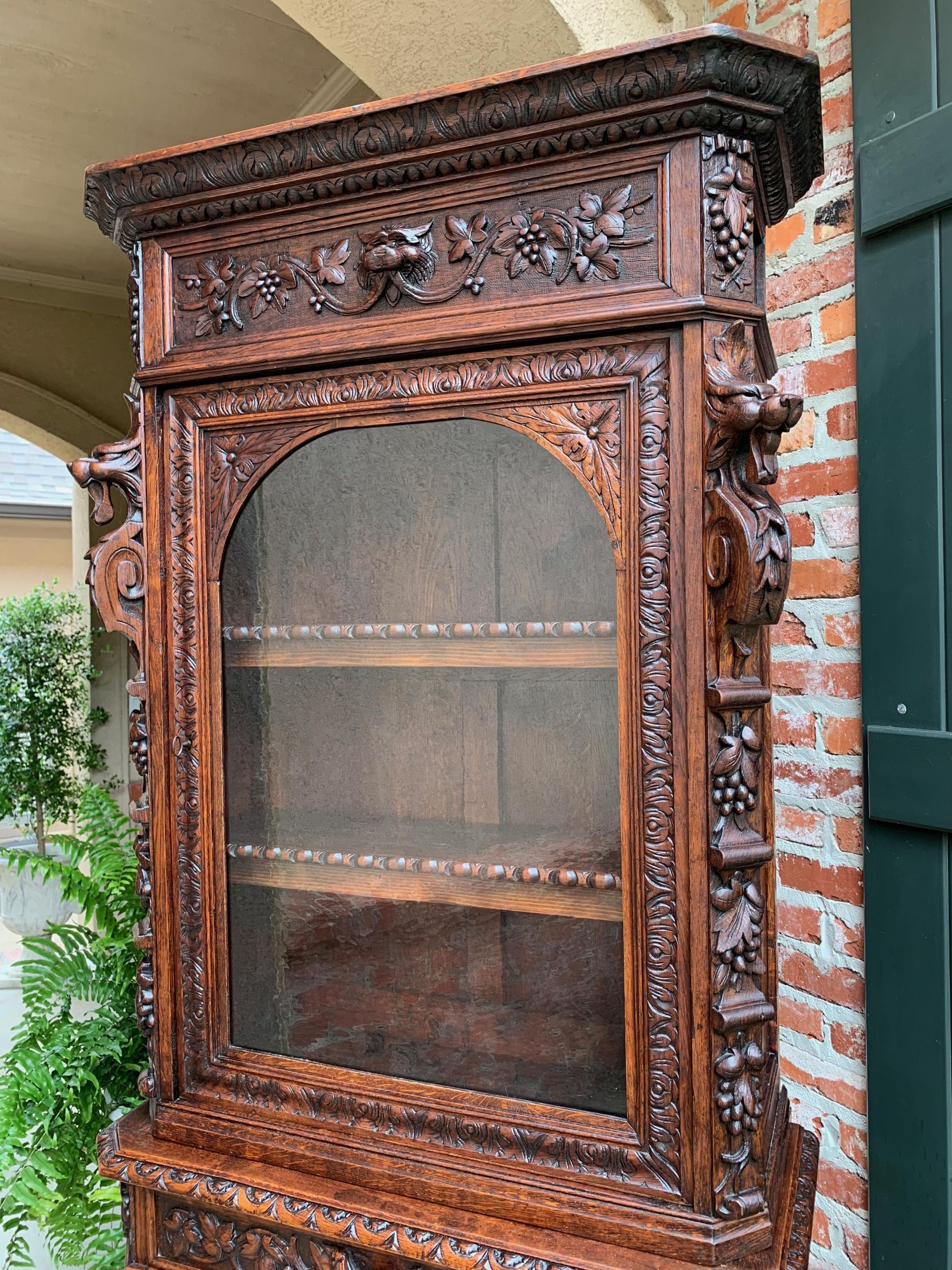 Antique French Carved Oak Cabinet Bookcase Renaissance Lion Black Forest Vitrine 9