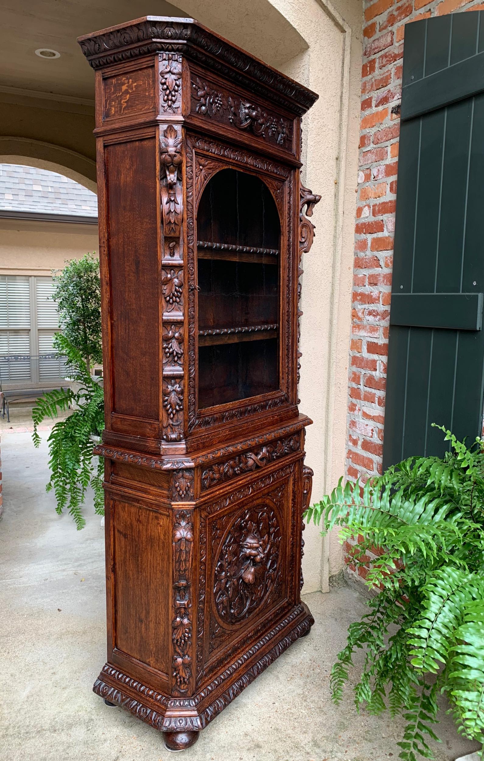 Antique French Carved Oak Cabinet Bookcase Renaissance Lion Black Forest Vitrine 10