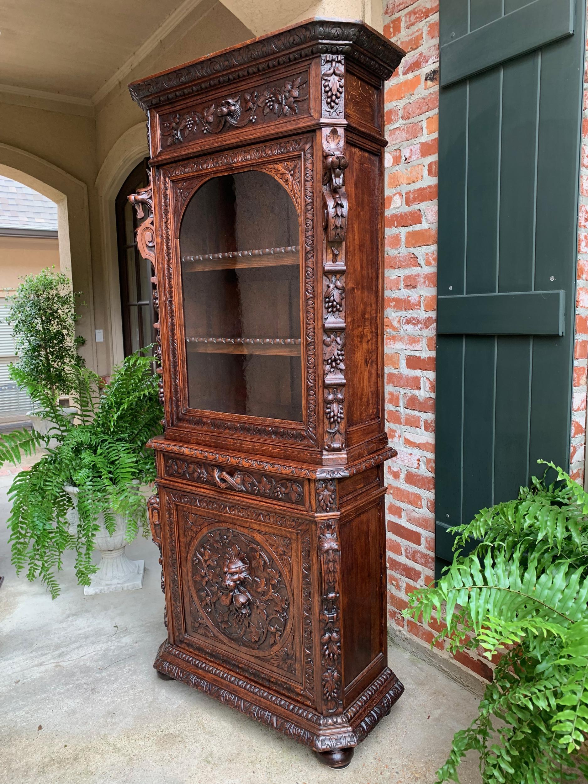 Antique French Carved Oak Cabinet Bookcase Renaissance Lion Black Forest Vitrine 11